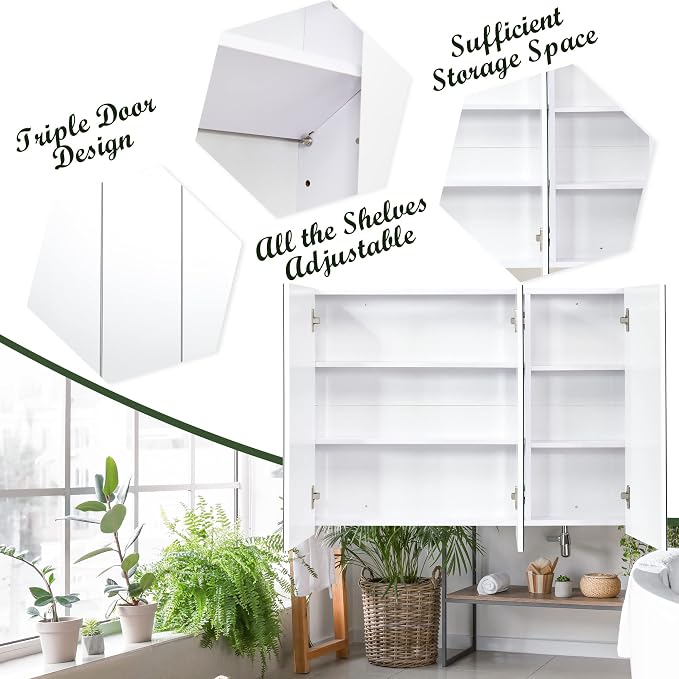 Armario de almacenamiento para baño GLACER montado en pared con tres puertas espejadas | Gran armario de medicina espejado | Ideal para baño y sala de estar | 36 x 4,5 x 25,5 pulgadas miniatura 5