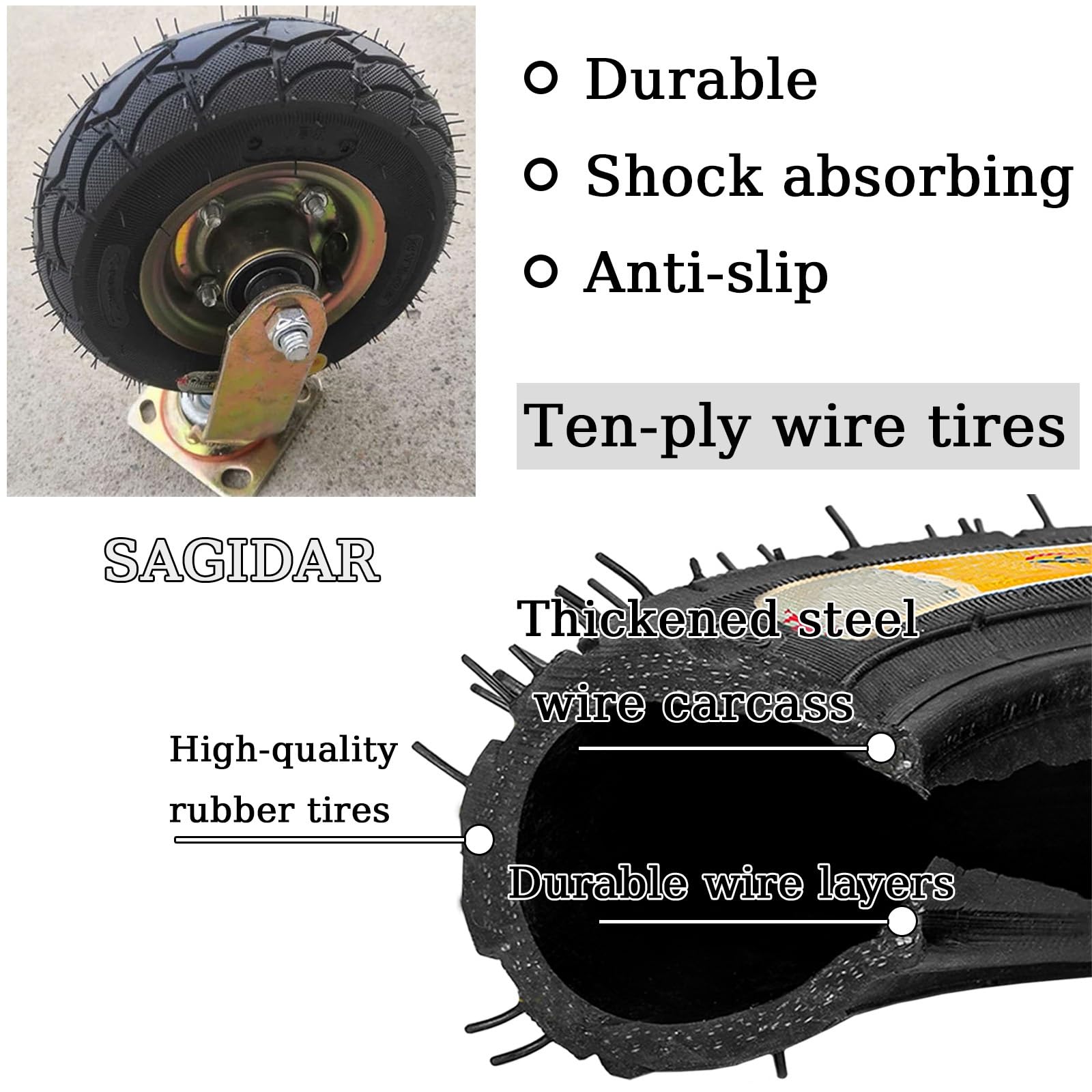 1 × Ruote Per Carrelli Ruote Gonfiabili 8 Pollici 10'' Ruote Per Impieghi Gravosi 300 Kg In Gomma Silenzioso Antivibrazione Ruote Girevoli Con Freno - 11