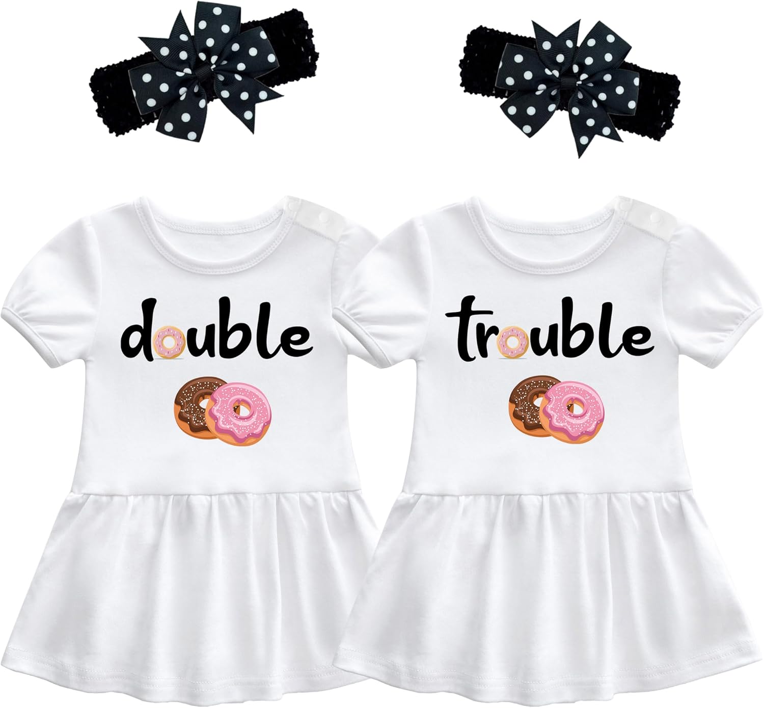 YSCULBUTOL 2 Pack Baby Twins Bodysuits Double Trouble Sweet Donuts Girl Outfits Sister Dresses Infant Romper Headband 0-12M