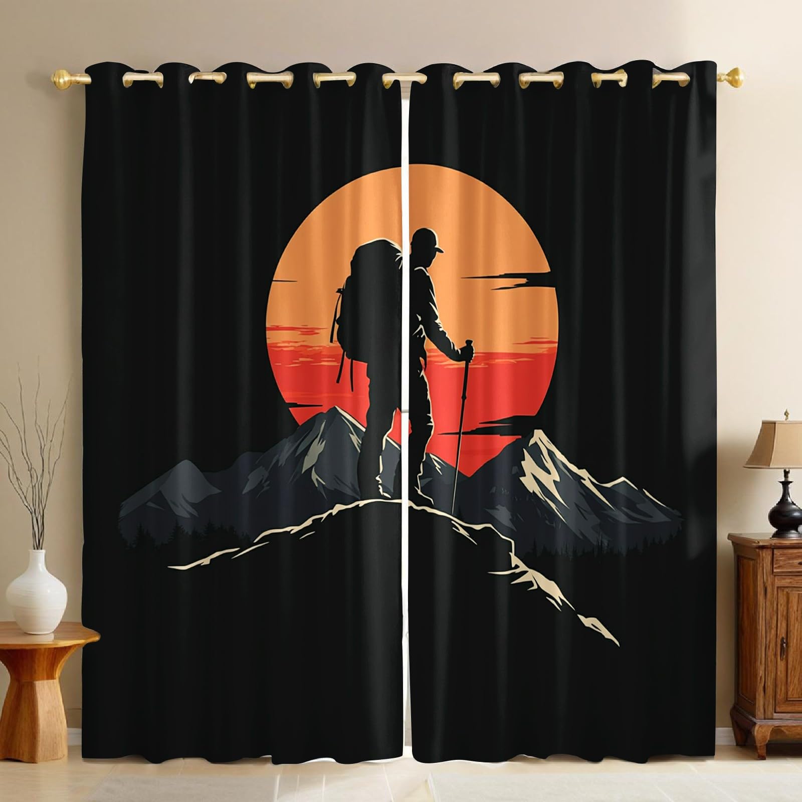Rideaux occultants thermiques isolants phoniques anti froid 117x183 cm orange imprimé 3D montagne