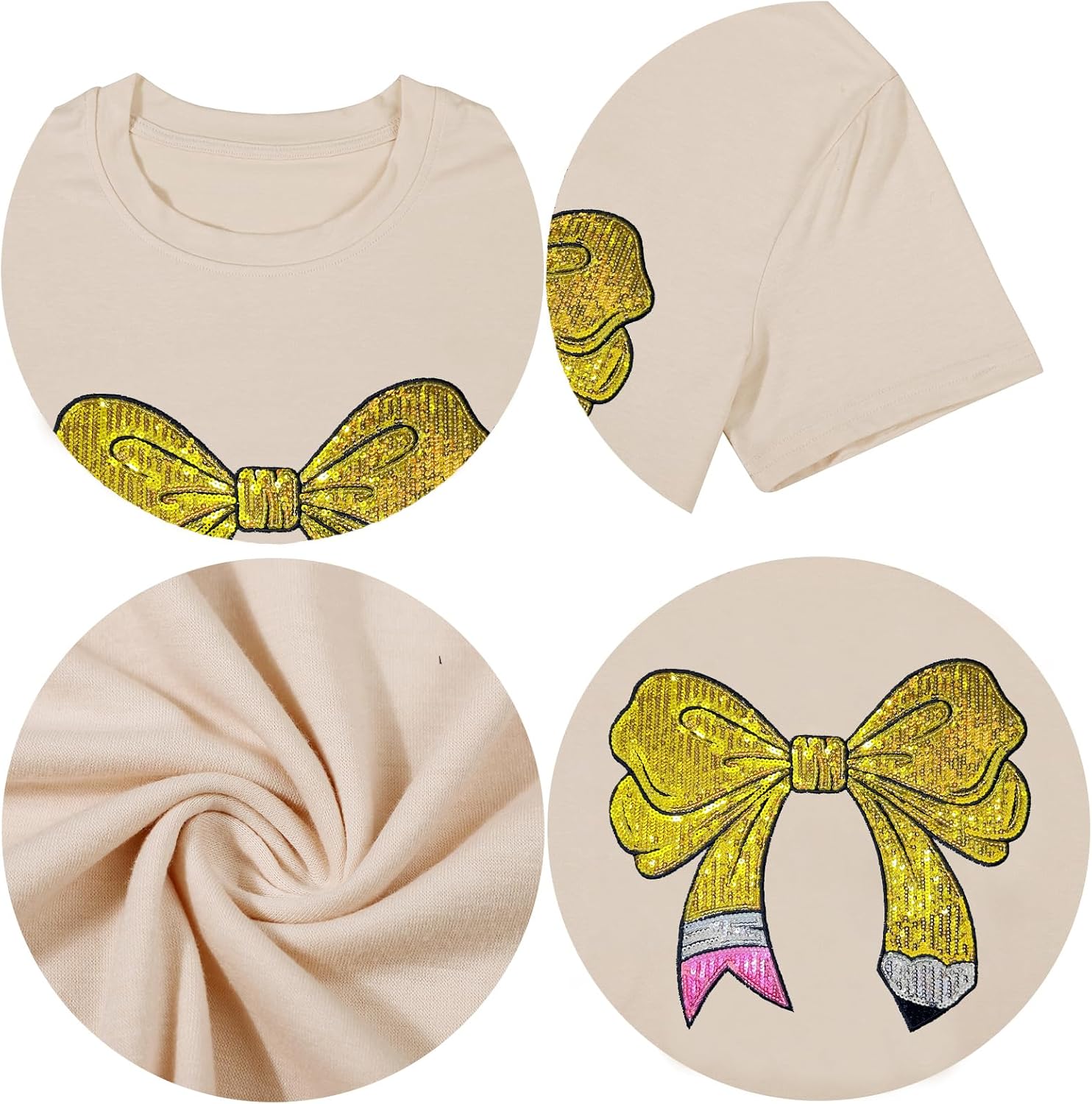Teacher Shirt for Women Sequin Teacher Pencil Bow T-Shirt Short Sleeve Back to School Tee Tops - Image 5