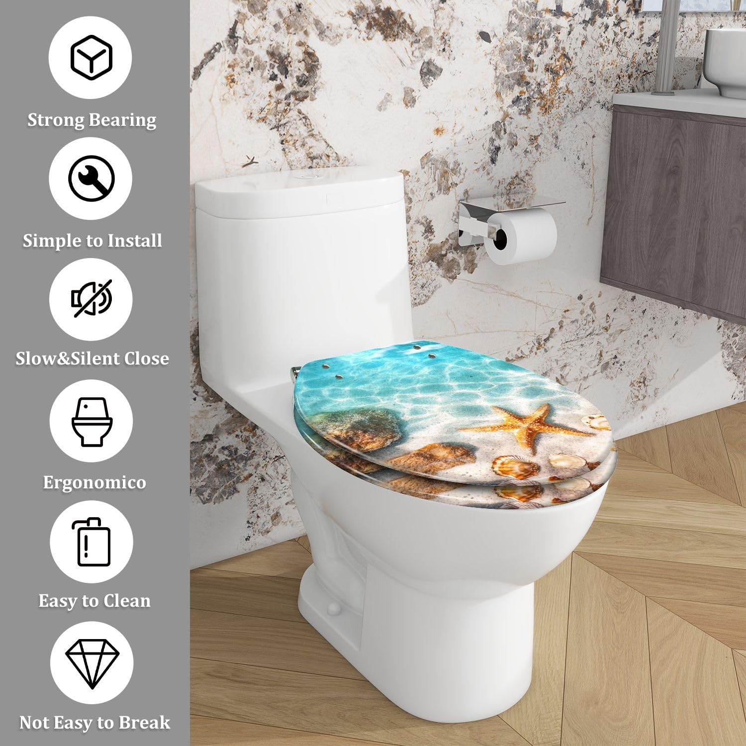 Asiento de inodoro decorativo alargado BeachVibe para el baño de verano