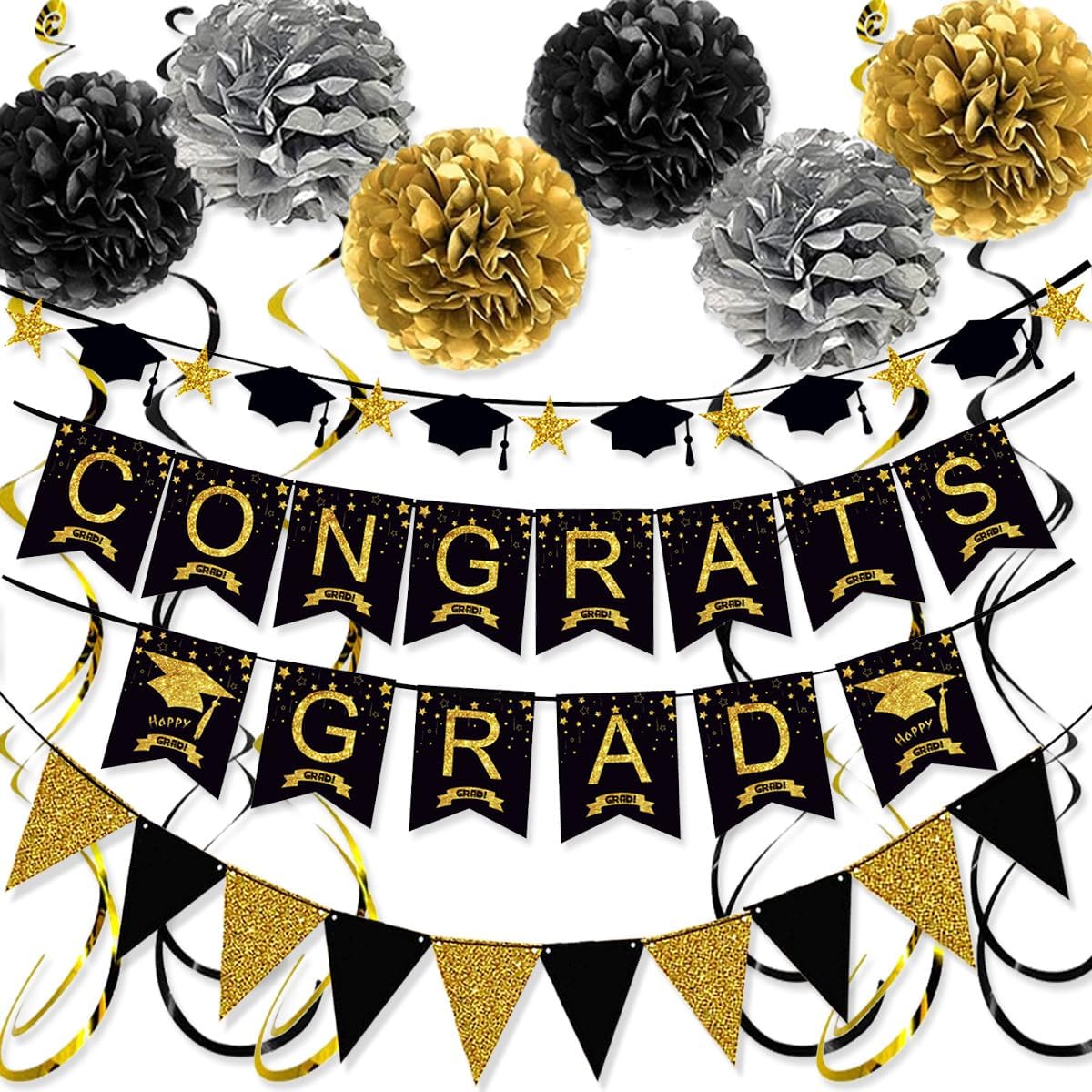 Catelves Graduation Deko Schwarz Gold – Abschluss Deko Set mit Congrats Grad Banner, Wimpelkette, Papierblumen, Spiralen & Band – für Bachelor, Abitur, Schulabschluss 2026, Abschlussfeier Deko