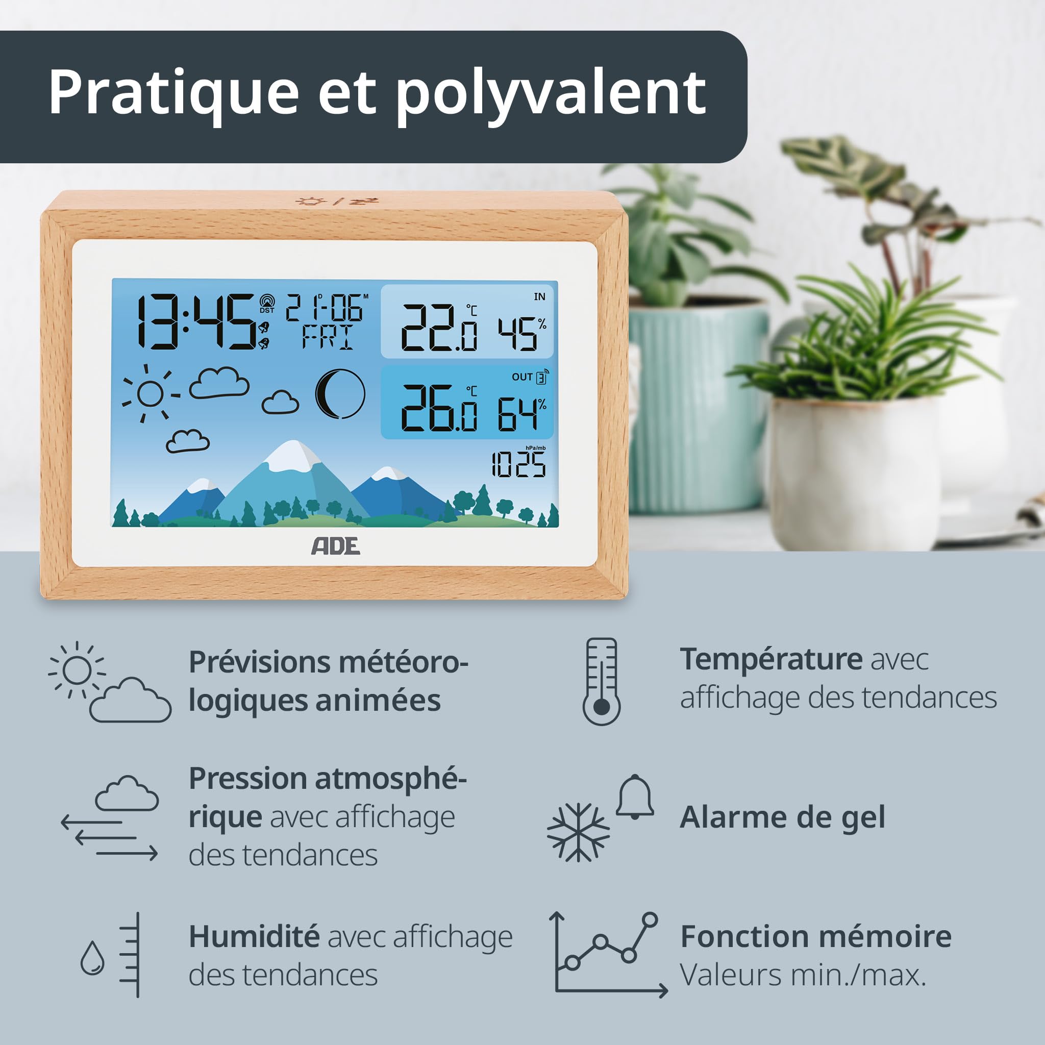 ADE Station météo radiocontrolé avec thermometre interieur | température et humidité intérieure et extérieure avec prévisions météo | Hygromètre et baromètre | réveil avec 2 heures de réveil