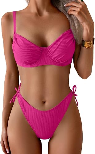 Eomenie Bikini Sets for Women Sexy Underwire Two Piece Bathing Suits Ribbed Tie 
