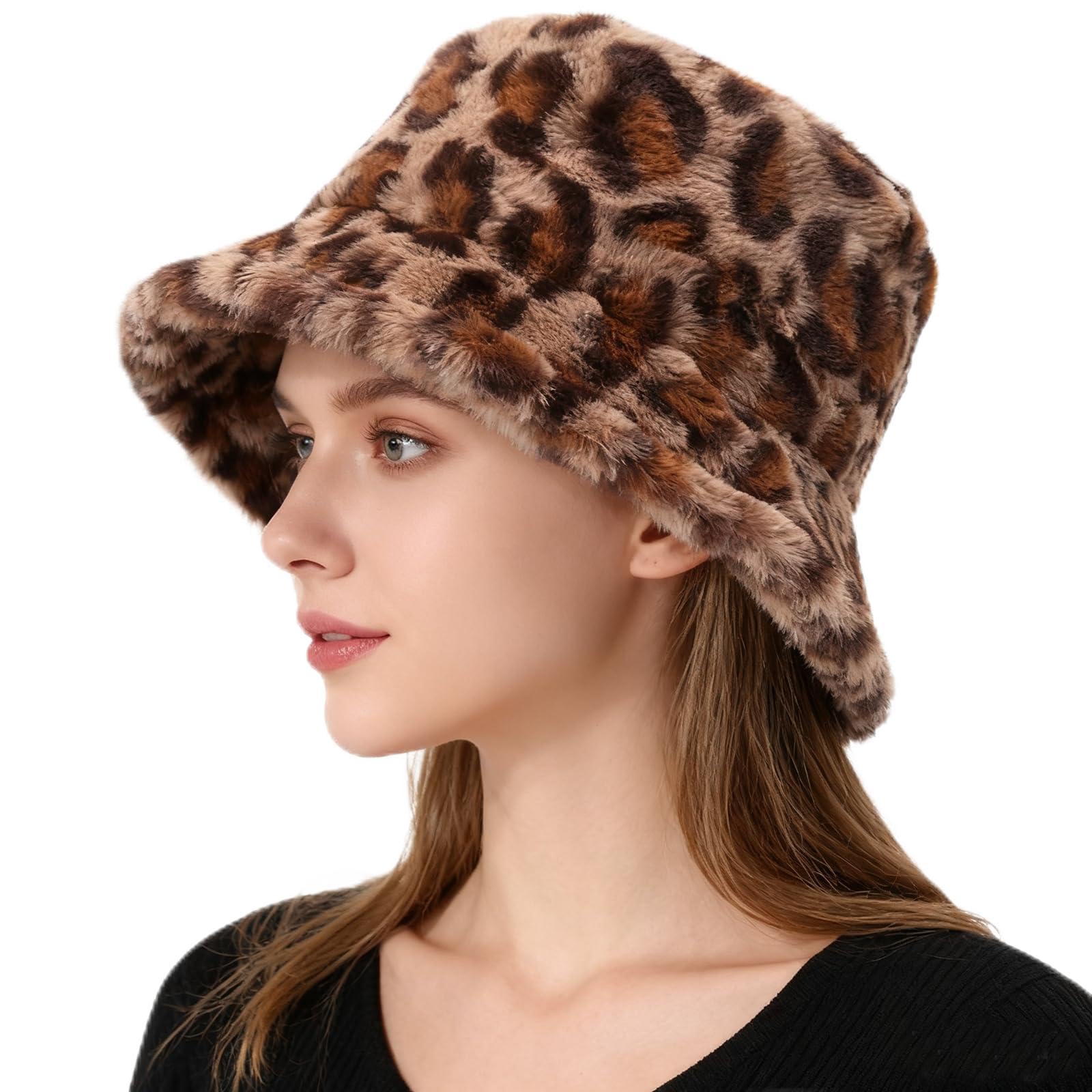 Women\'s Black Faux Fur Fluffy Bucket Hat Winter Warm Fuzzy Mongolian Hat Women main image 2