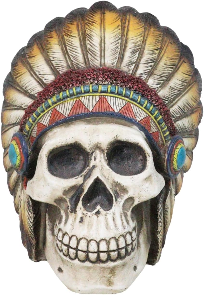 Ebros Gift Native American Indian Eagle Chief Skull with Turquoise Rocks Tribal Mohawk Warrior Headdress Figurine Day of The Dead Graveyard Ossuary Spooky Decor