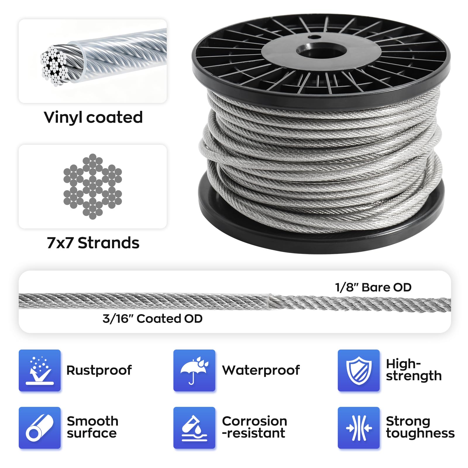 Kit Cavo Acciaio Inox 5mm 30M Rivestito PVC, con Tenditore M6 e Accessori, per Stendibiancheria, Piante Rampicanti, Tende e Sostegni Esterni