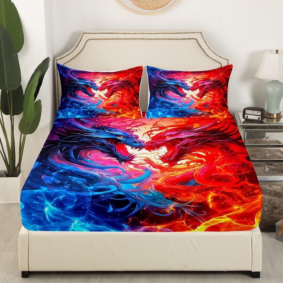 Red Blue Dragon Fitted Sheet Queen Size,3D Water and Flame Dragon Bedding Set for Kids Boys Men Teens Bedroom Decor,Wild Animal Bed Sheet Western Magical Style Deep Pocket Sheet,2 Pillowcases