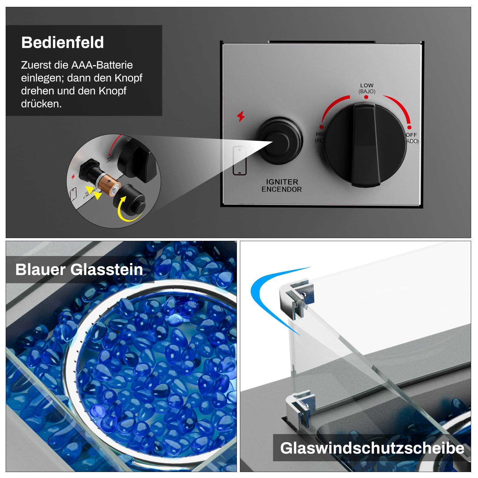 TLGREEN 20" Gas Feuerstelle Outdoor, Feuerstellen für Garten Balkon, 14.5kW | Feuertisch mit Glaswindschutz, Glassteine, Wasserfester Schutzhülle, Gas Gartentisch, Gaskamin, 4PCS Füße, 50x50x62cm