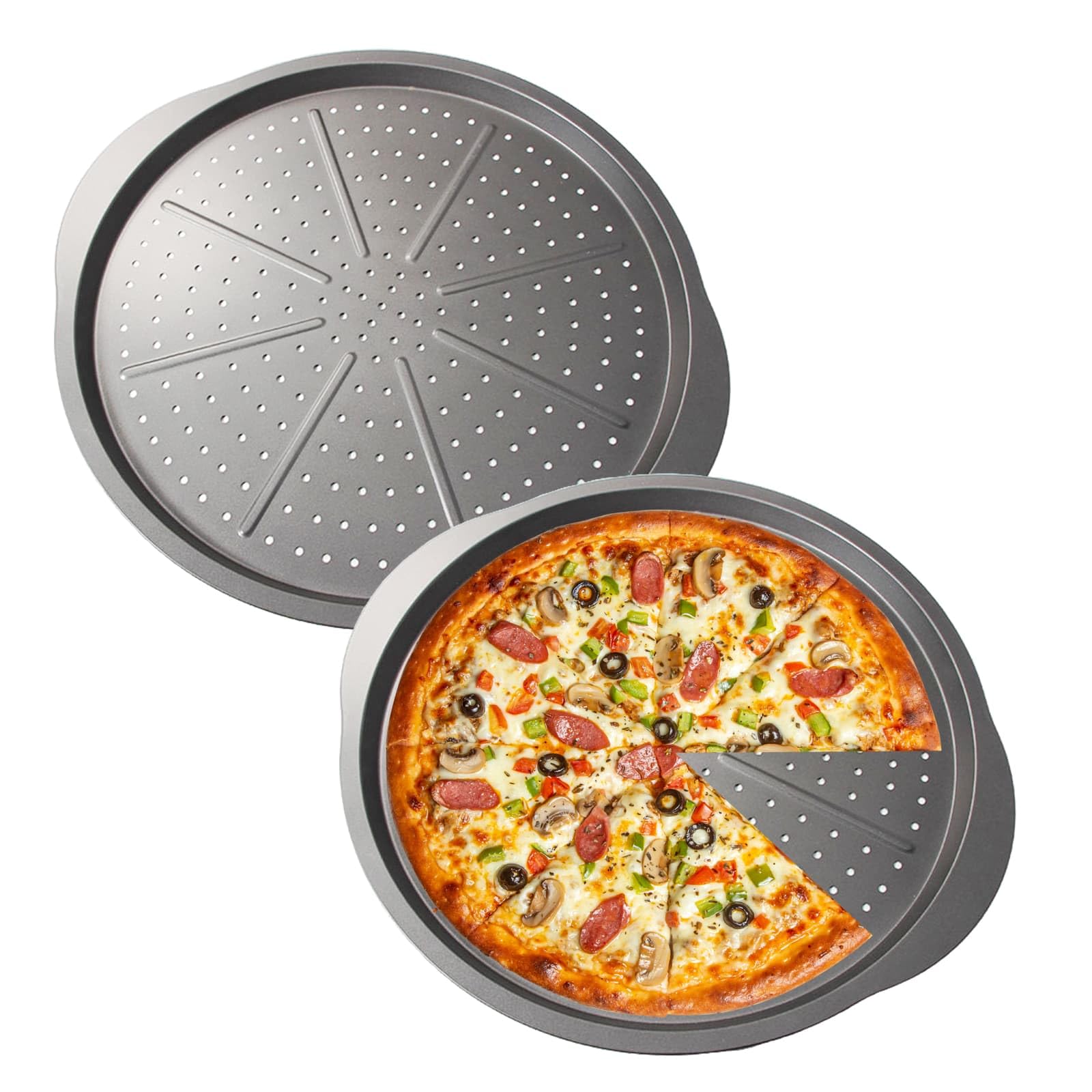 Oven Pizza Trays with Handles 2pcs, 14-Inch Carbon Steel Round Non-Stick