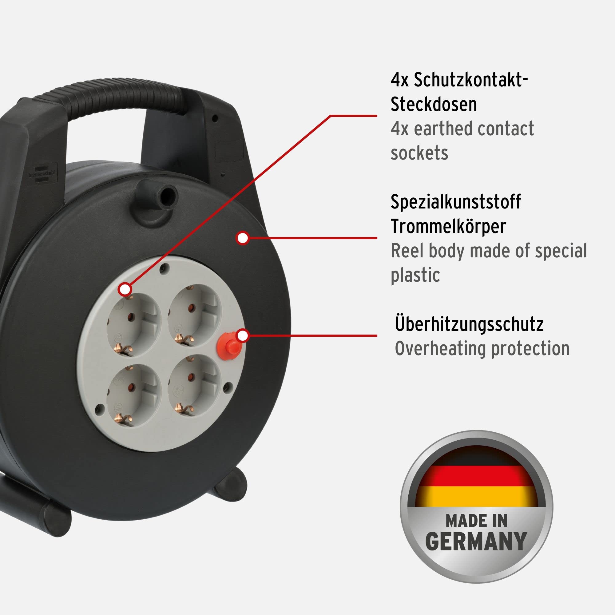 Brennenstuhl Vario-Line enrollacables doméstico con 4 enchufes (cable de 15 m, alargador enrollable, protección de corte térmico) negro/gris