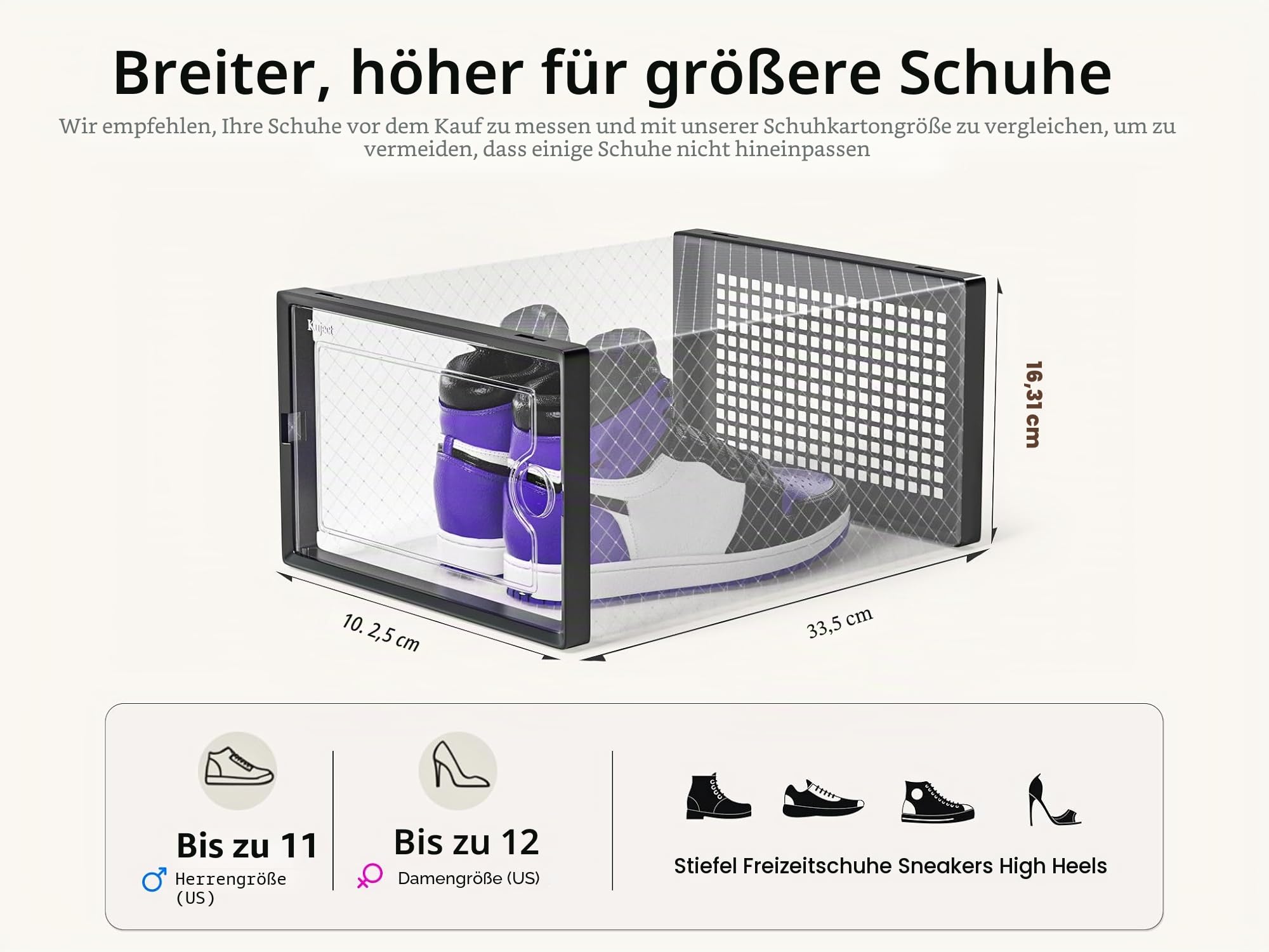 Kuject Große Schuhboxen für Schrank, passend für Größe 46, transparente Kunststoff-Stapelbare Sneaker-Behälter mit Deckel, großartiger Ersatz für Schuhregal, schwarz, 12 Stück