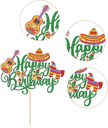Miniatura 3 de Paquete de 41 decoraciones para tartas de fiesta de cumpleaños con guitarra, cactus y burro, palillos de pimienta para fiesta mexicana, temática de