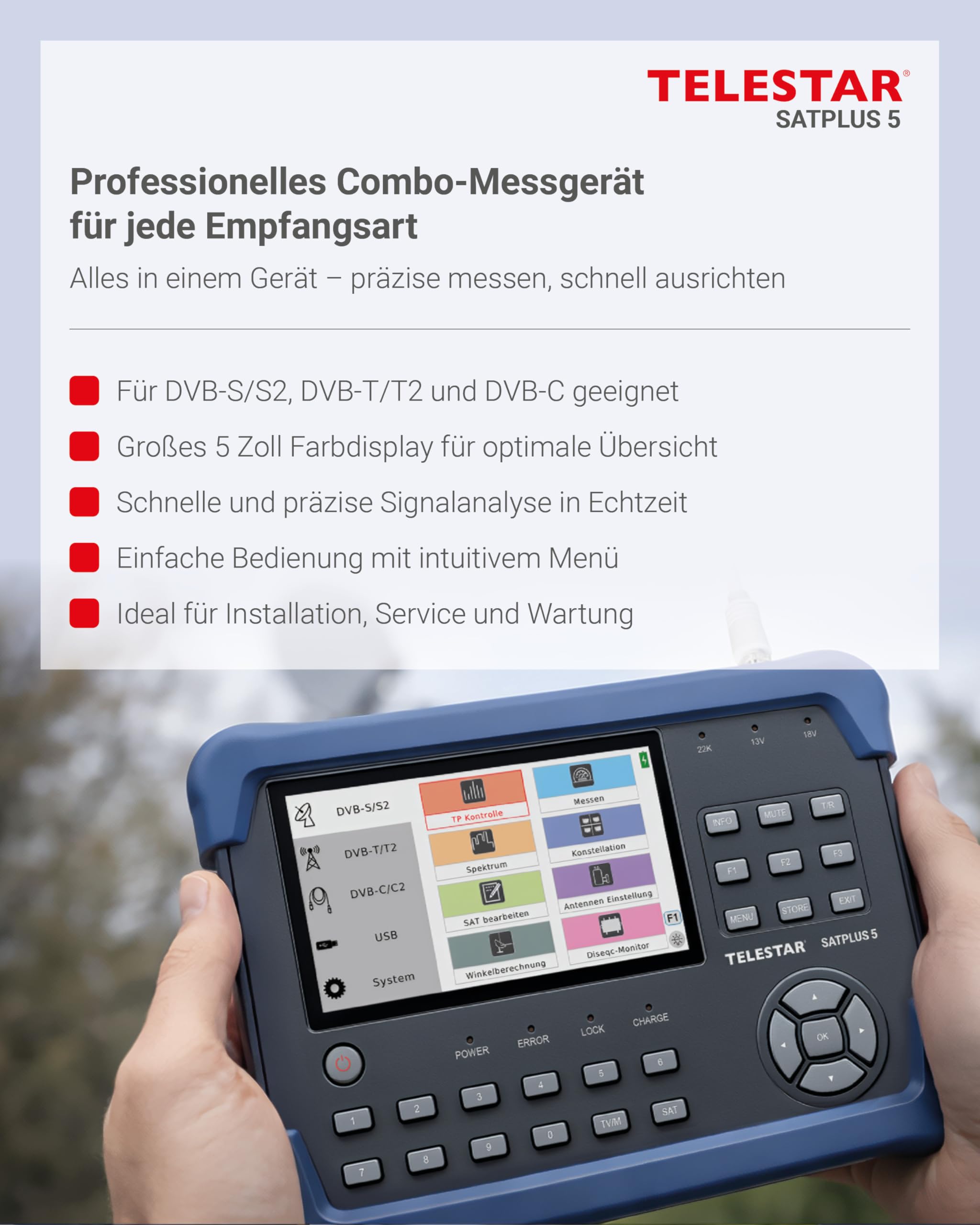 TELESTAR SATPLUS 5 – SAT Messgerät mit Live-TV-Bild | Für DVB-S/DVB-S2/DVB-C/DVB-T2, Unicable, 5″ Bildschirm
