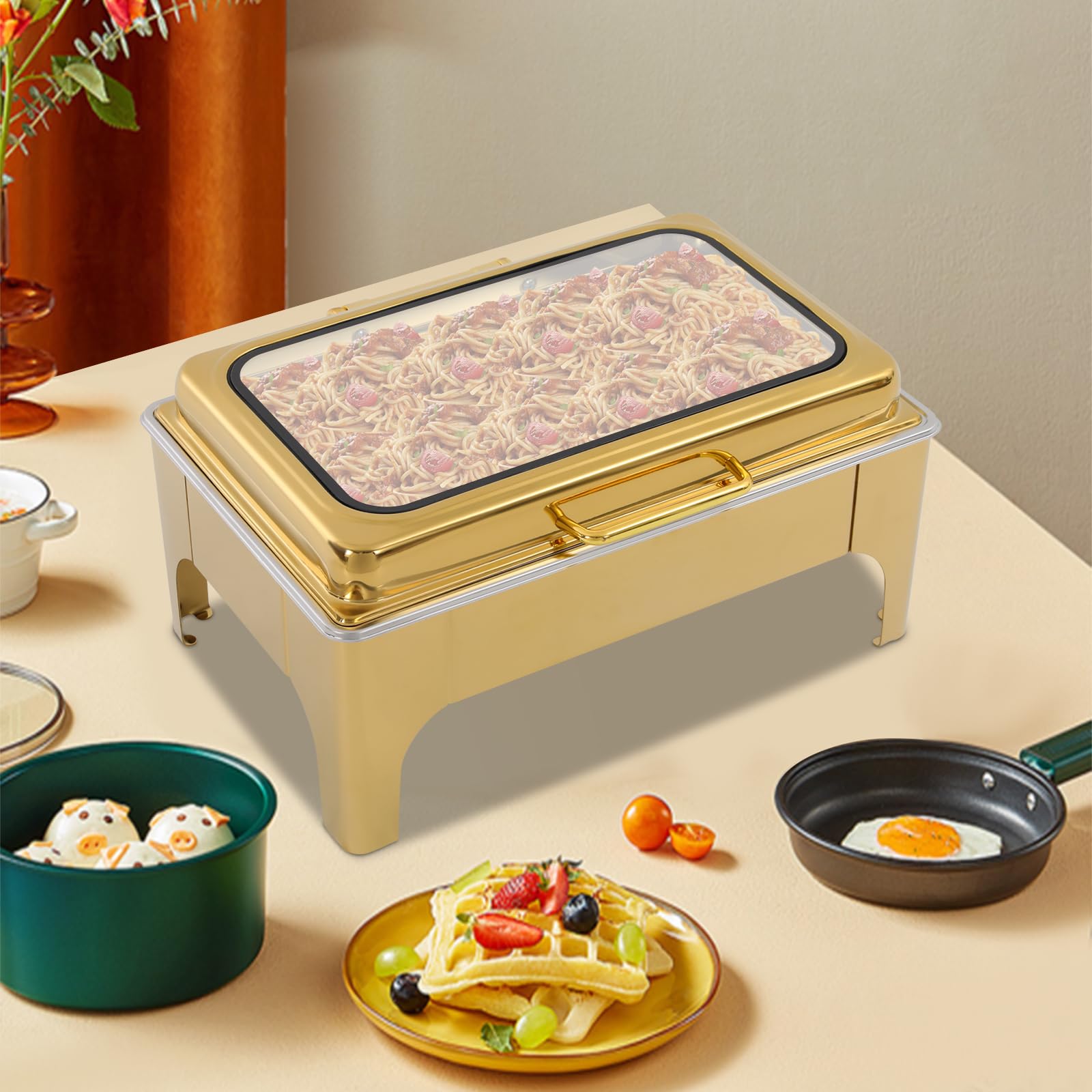 Scaldavivande da Buffet in Acciaio Inox | Set buffet scaldavivande rettangolare in acciaio inox for hotel, ristoranti(Gold)