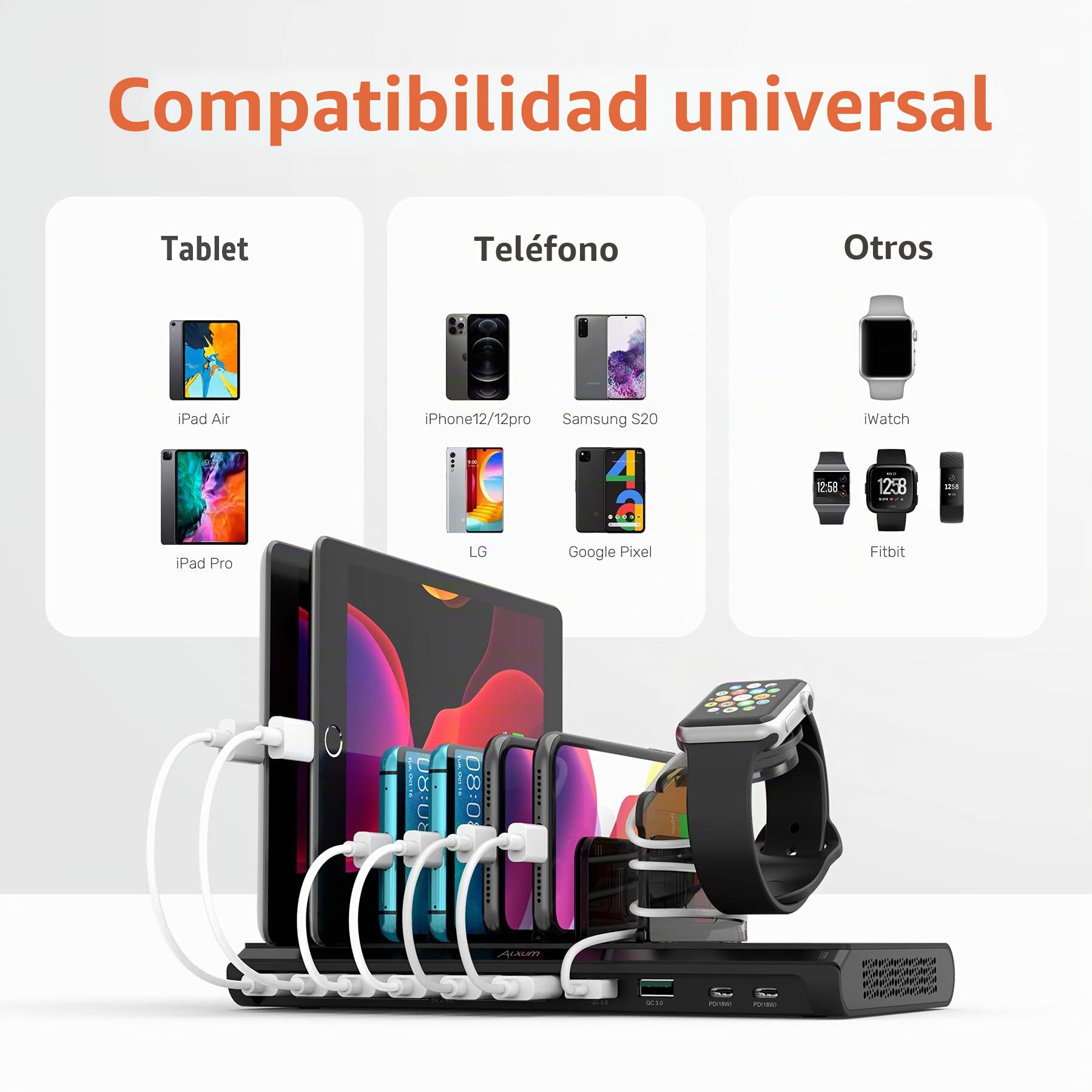 Alxum Estación de Carga 96W y 10 Puertos,2 PD y 2 QC 3.0 para tabletas | Incluye un soporte para auriculares que permite cargar simultáneamente varios dispositivos, como el móvil y los auriculares