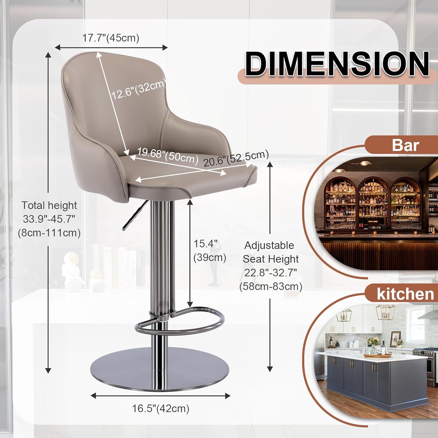 Black Titanium Stainless Steel Bar Stools,Grade Modern Leather Bar Chair with Backrest,Swivel Adjustable Height for Kitchen Counter and Dining Room (Grey leather-1pc)