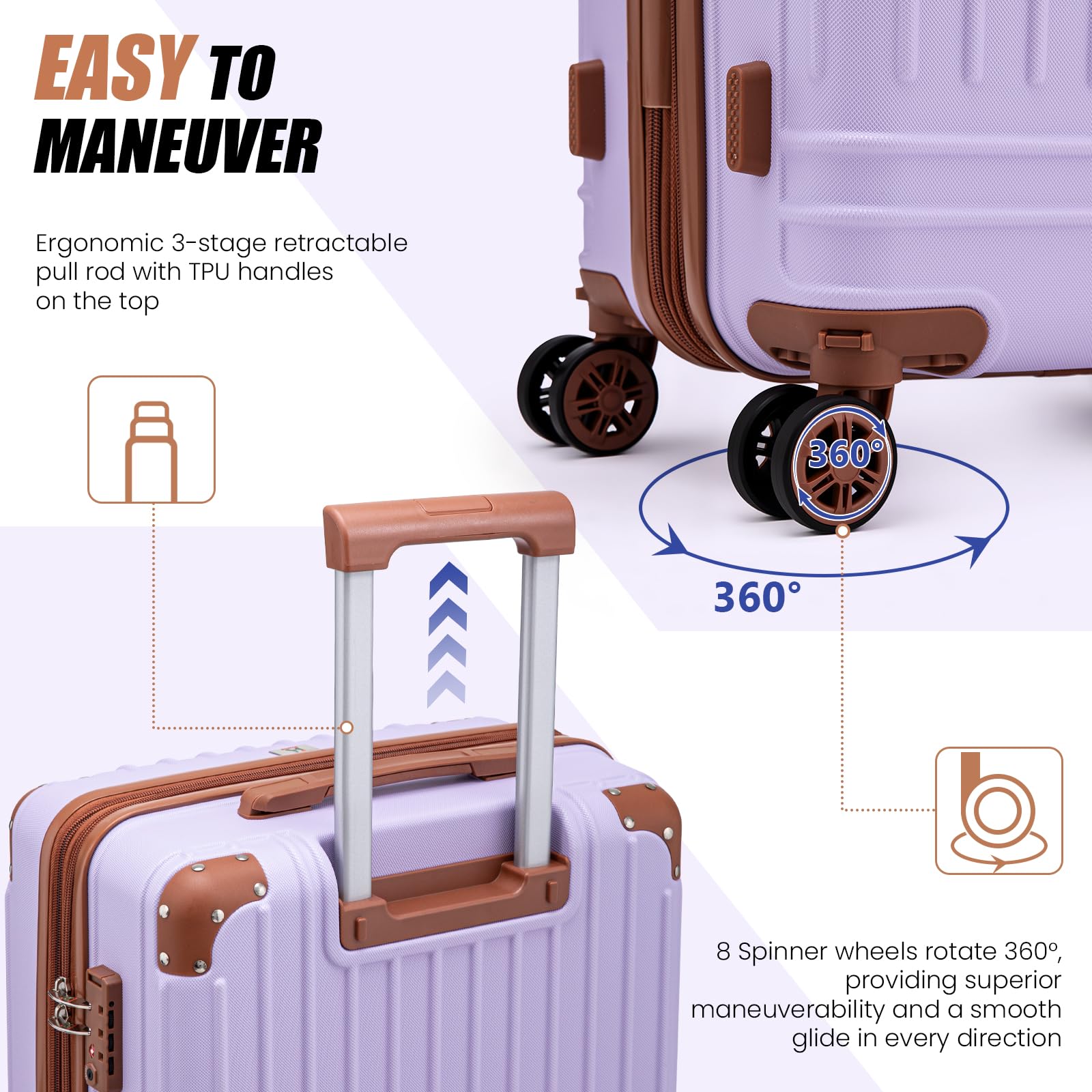 KUNEL Zestawy bagażowe 5-częściowe zestawy walizek walizka z twardą obudową ABS lekka blokada TSA podwójne kółka obrotowe, Fioletowy, 5 Piece Sets (20/24/28/DB/TB), Modny i praktyczny