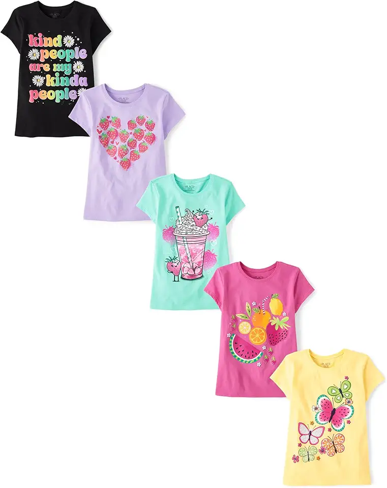 The Children's Place Girls' Trends,Icons Short Sleeve Graphic T-Shirts,5 Pack