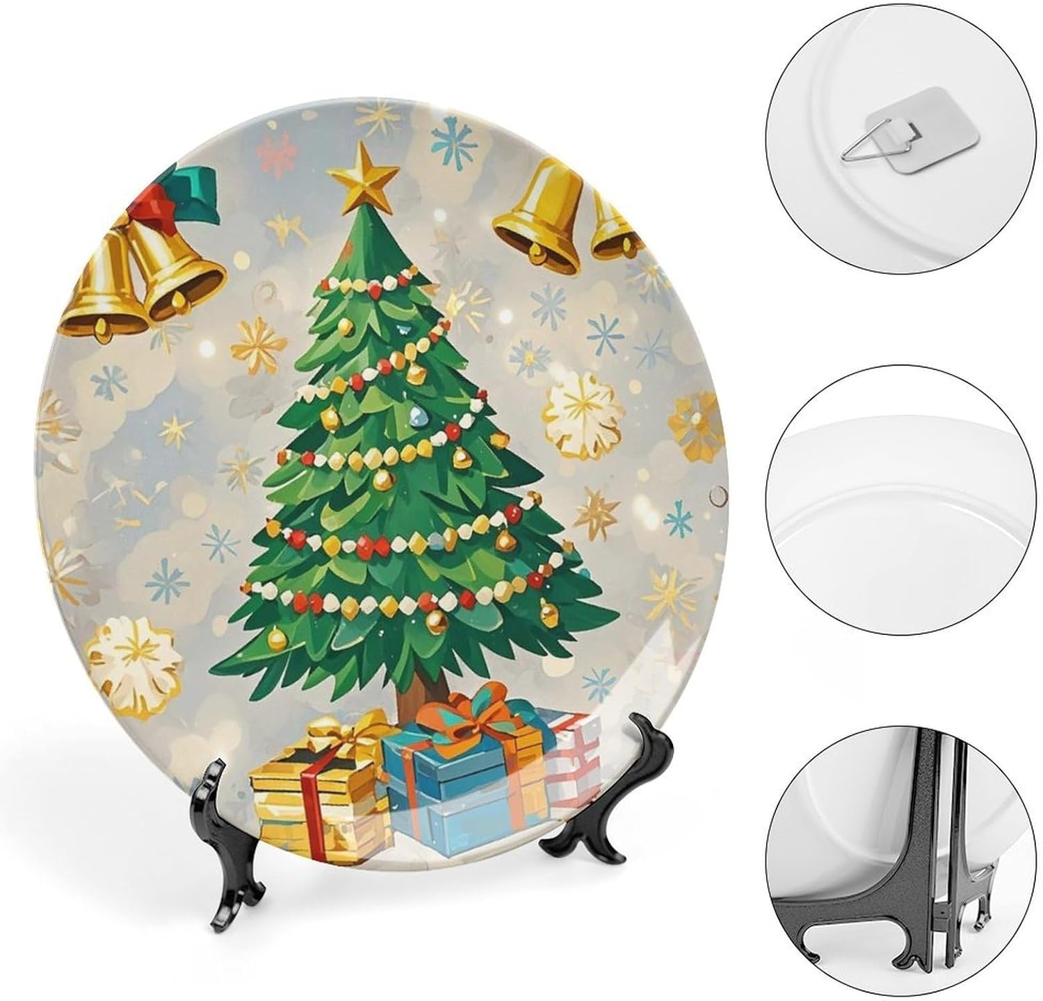 Christmas Tree And Bells Decorative Ceramic Plate Round Porcelain Plate Decor Personalized Bone China Decorative Plates Ceramic Ornaments Dessert Plates with Display Stand 8inch
