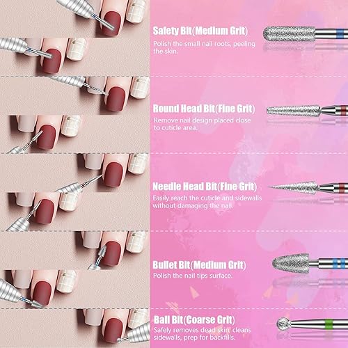 Miniatura 5 de Depvko Juego de 21 brocas de uñas con estuche rosa portátil, brocas de 332 pulgadas para uñas, brocas de carburo de diamante de cerámica, brocas