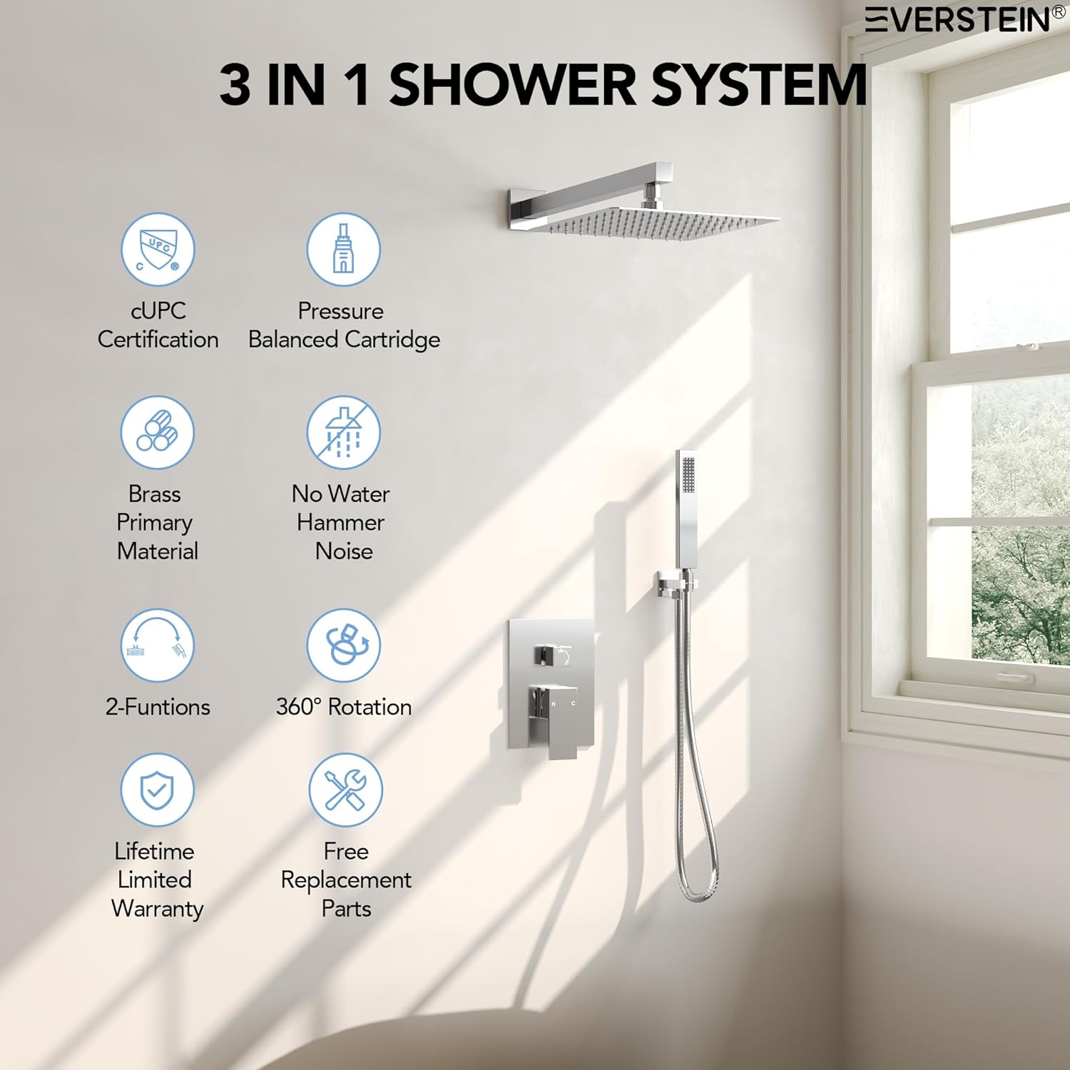10" High-Pressure Rainfall Shower System with Handheld Spray, Wall Mount Bathroom Shower Faucet Set with Valve (Polished Chrome)
