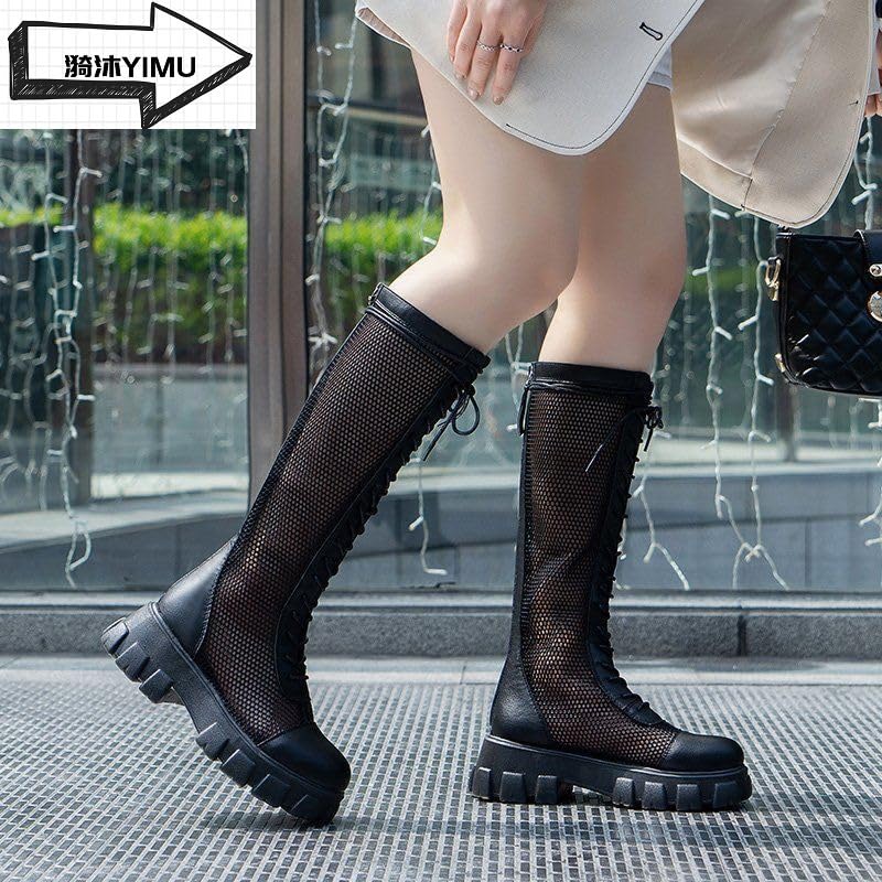 Knee High Mesh Boots for Women Closed Toe Platform Summer Boot Sandals Breathable Mesh Lace up Back Zip Summer Shoes 5