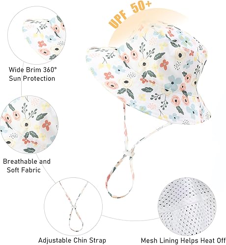Miniatura 2 de Sombrero de sol para bebés, sombreros de playa de verano con UPF 50+ Niña pequeña con correa de ala ancha, sombrero de cubo al aire libre