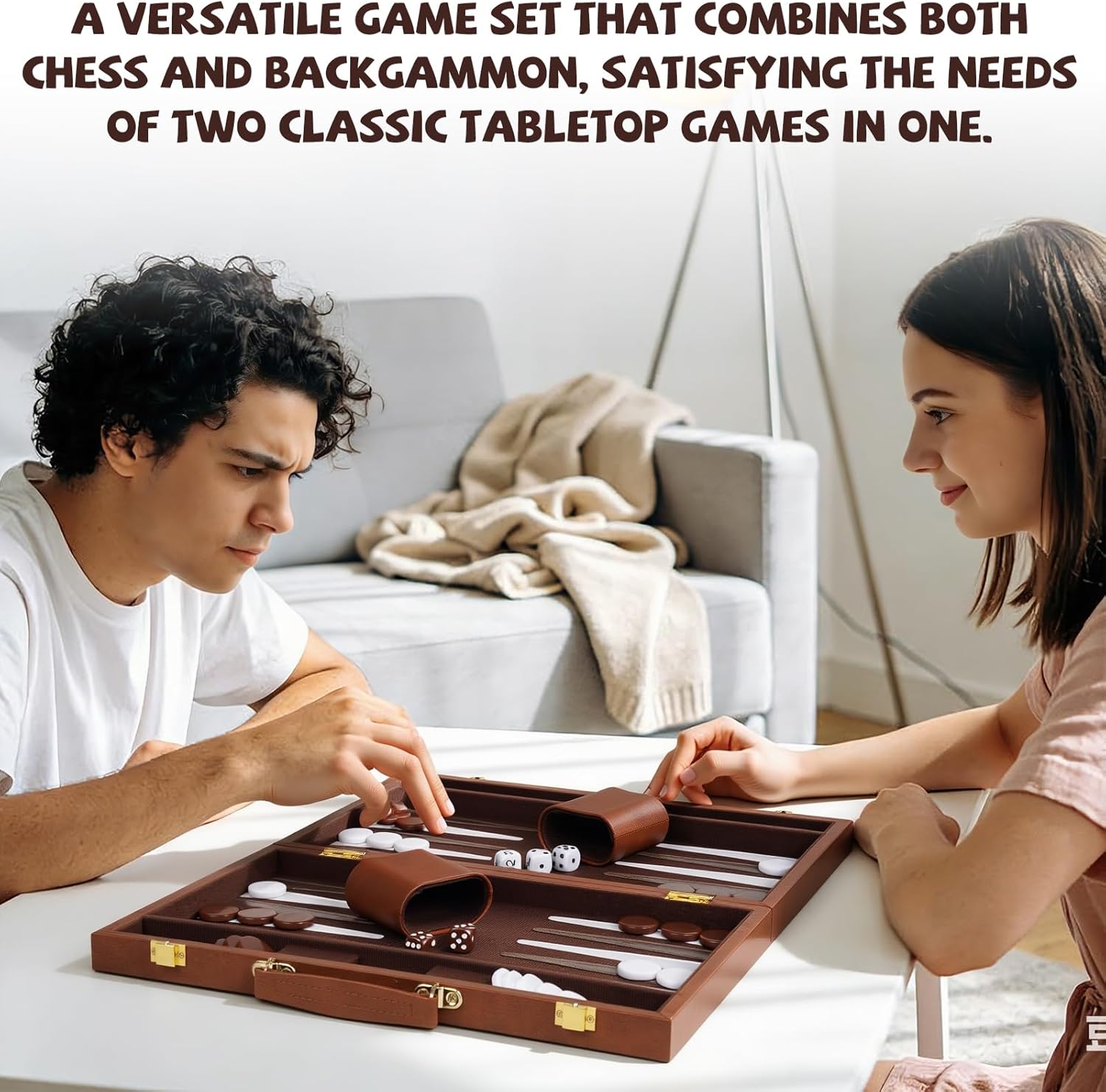 3-in-1 Chess Checkers Backgammon Set – 15" Folding Leather Chess Board with Handle, Acrylic Chess Pieces & Checkers, Travel Board Game Set with Storage & 2 Extra Queens