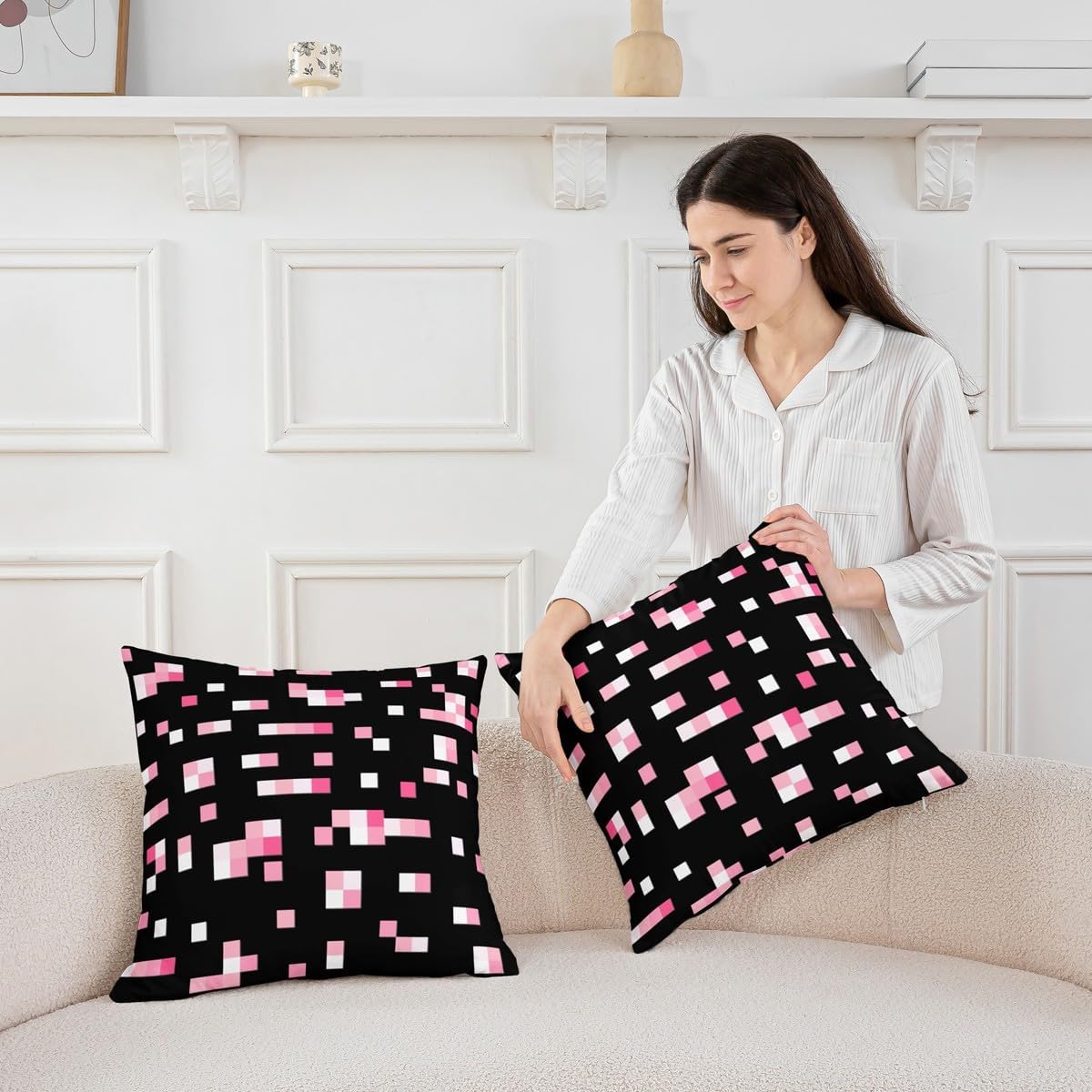 Pink Geometric Grid Throw Pillow Covers Set of 2,Miner Theme Cushion Cases for Kids Teens Adults Geometric Grid Pillow Cases Pixelated Style Living Room Sofa Bed Decor,22" Lx22 W