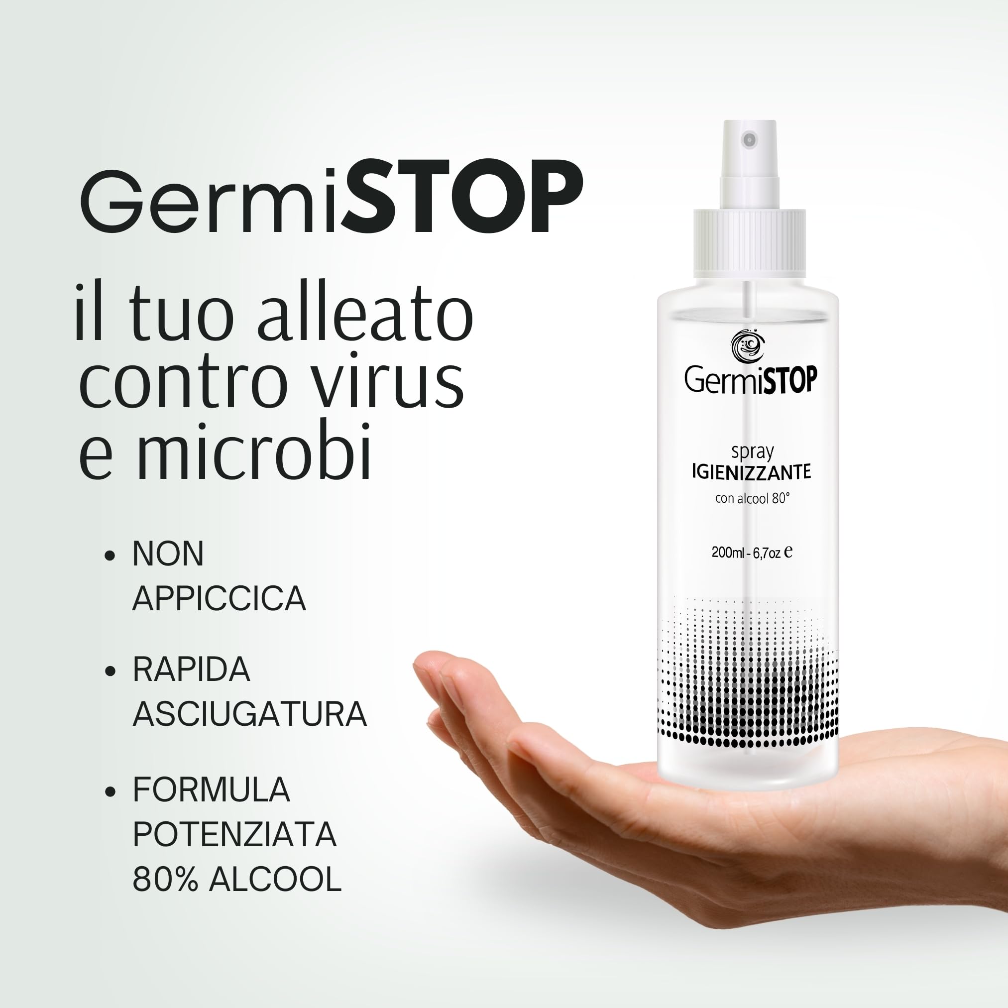 GERMISTOP Igienizzante Mani 3x200ml con Alcool 80% e Glicerina, Spray Igienizzante Superfici con Formula Potenziata