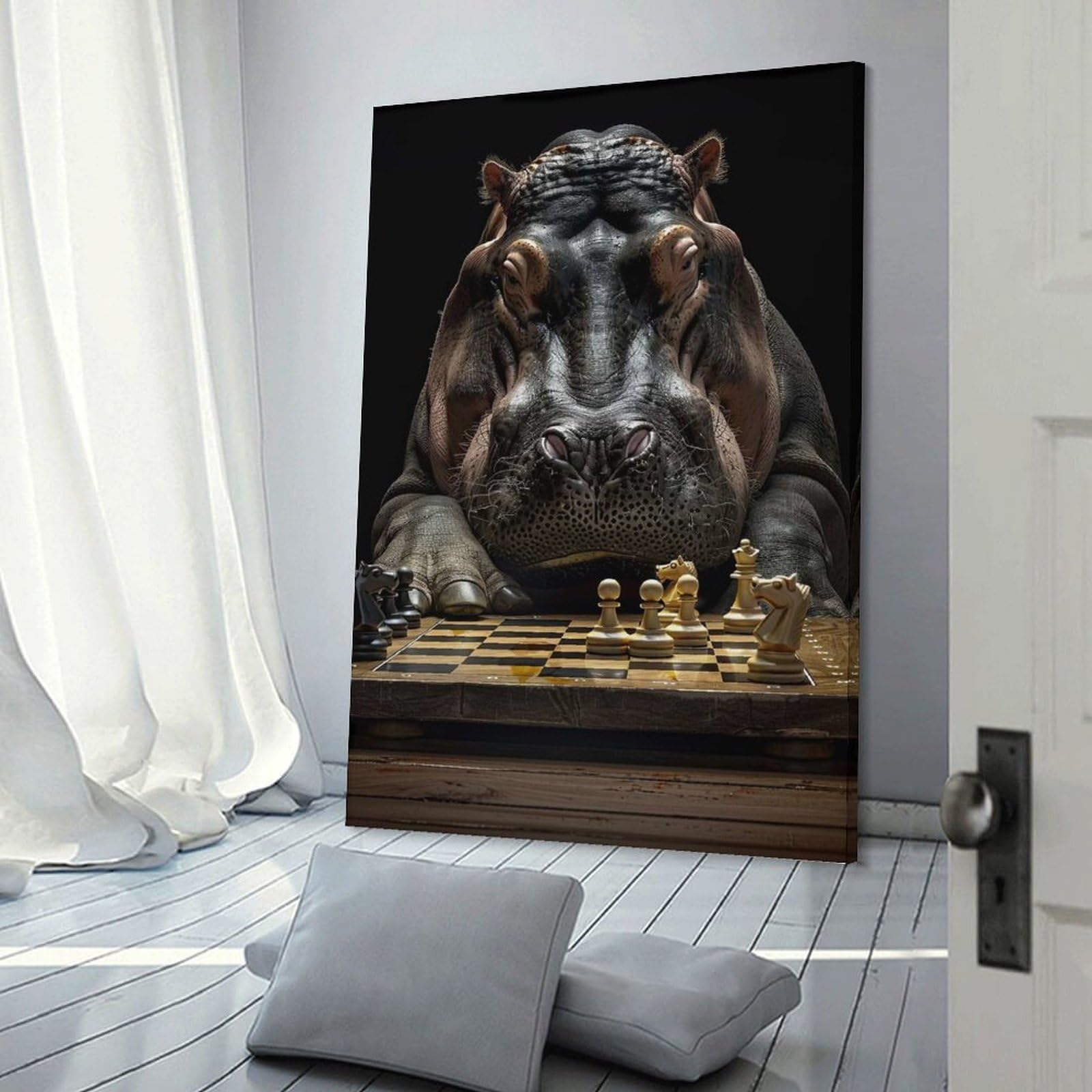 Junmoney Decorative Wall Artwork Hippopotamus Chess, 20x30inch(50x75cm), for Calm Bedrooms, Home Corners Or Flats, An Easy Wall Refresh for Bedrooms