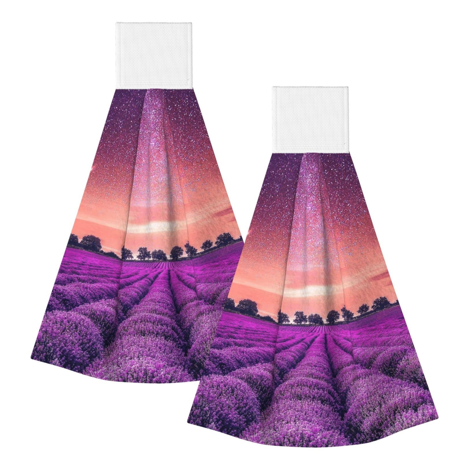 DOPKLNA Lavender Fields, 2 Pcs Hanging Coral Fiber Hand Towels for Bathroom, Absorbent Kitchen Towels