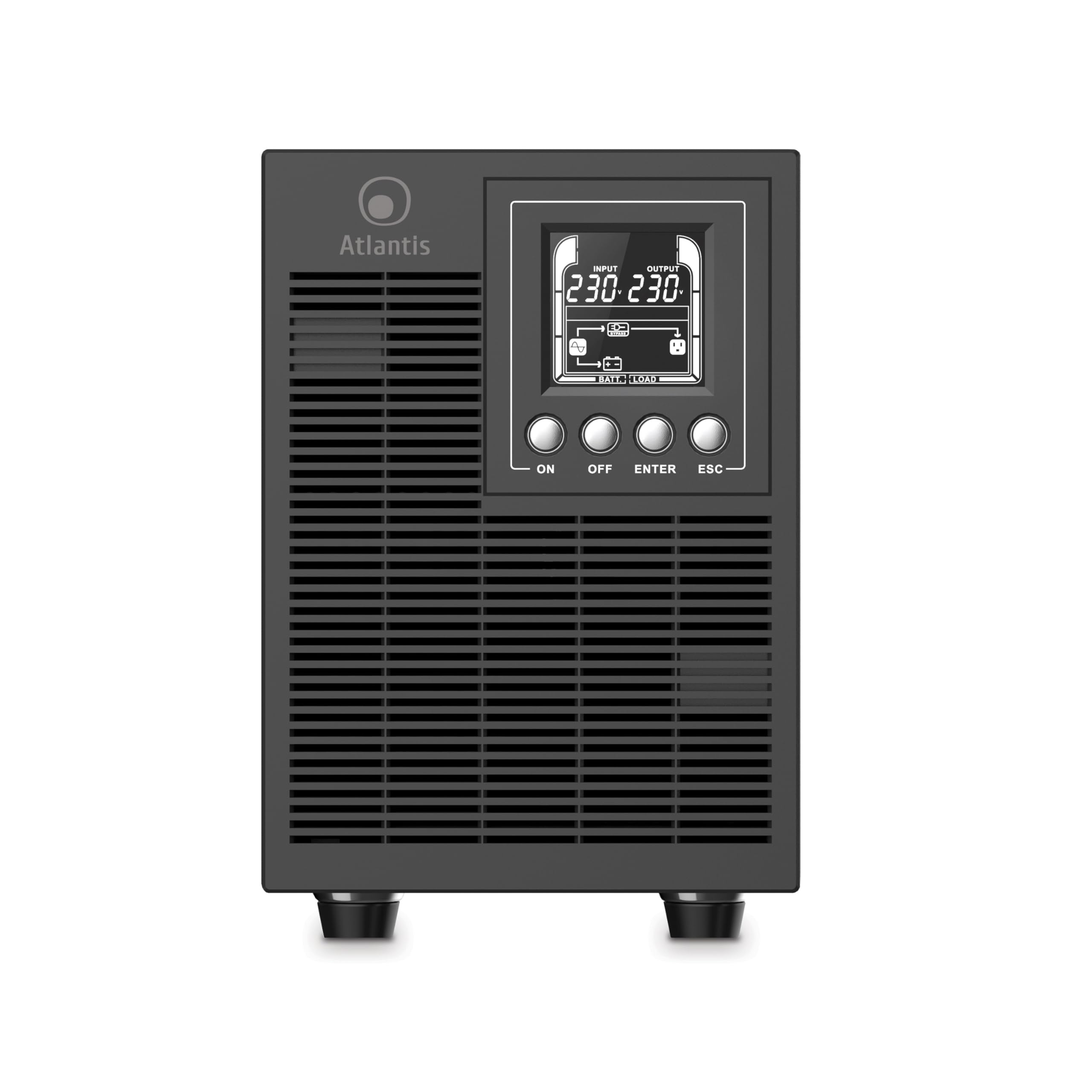 Atlantis A03-OP2002P Pro UPS Sistema de alimentación ininterrumpida Online Doble conversión Onda sinusoidal Pura 2000VA 1800W, Torre, Pantalla LCD, USB, RS-232, 4 Salidas IEC, Ranura SNMP, 4x12V 9Ah