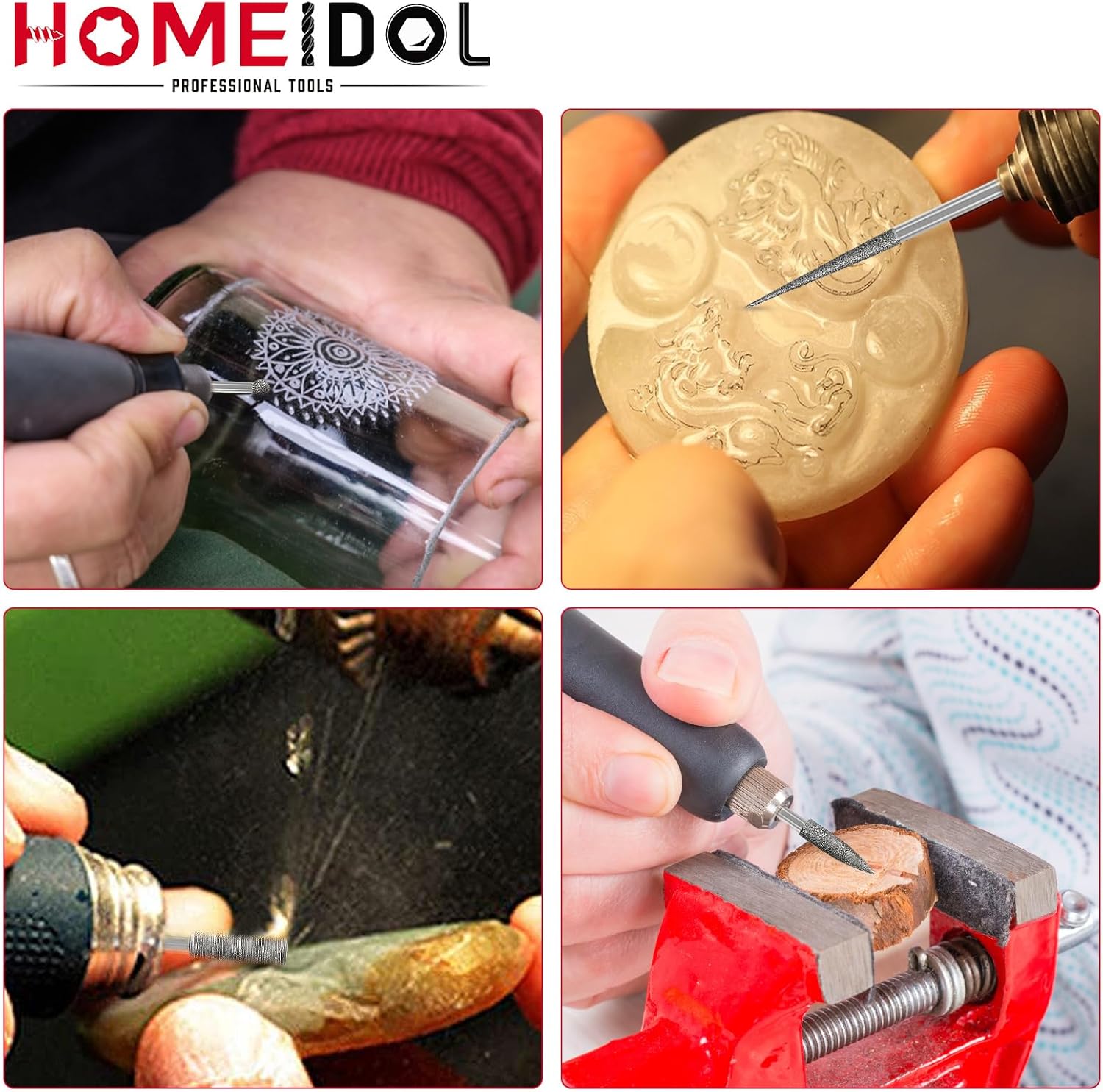 Stone Carving Set Diamond Burr Bits Compatible with Dremel, 11PCS Polishing Kits Rotary Tools Accessories with 1/8’ Shank For Carving, Engraving, Grinding, Stone, Rocks, Jewelry, Glass, Ceramics