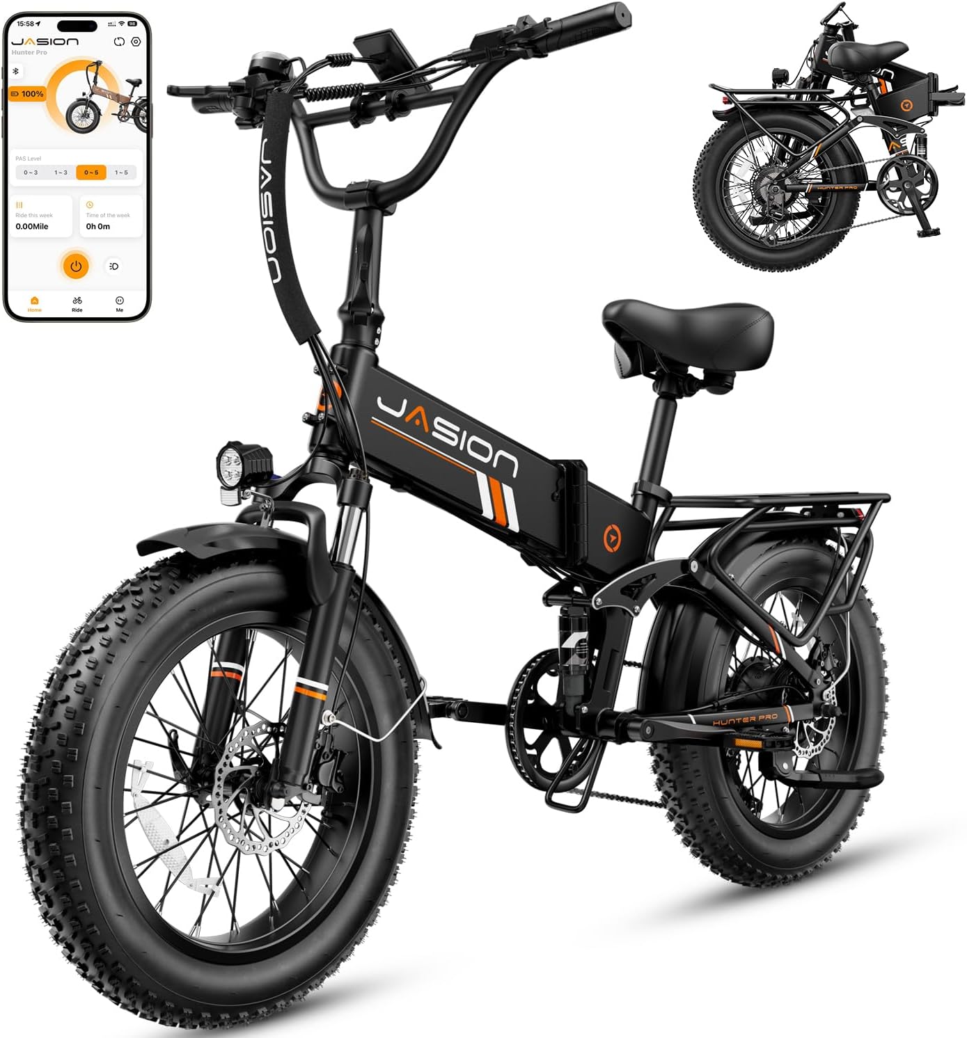 Jasion Hunter Pro Electric Bike for Adults, 1800W Peak Motor 80 Miles, up to 30+MPH,720WH Removable Battery Foldable Ebike,App Control & Full Suspension,20''*4.0 Fat Tire,Dual Hydraulic Brakes Bicycle product image