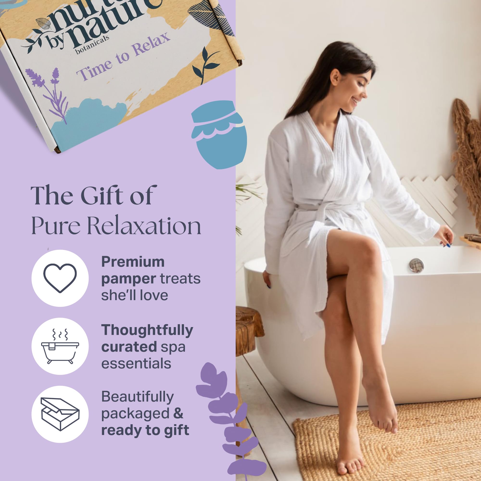 Nurture by Nature Spa Gifts for Women - Mothers Day Gifts for Mom, Self Care Gift Set & Spa Gift Basket for Women, 6 Piece Bath Set with Candle, Bath Bomb, Salts & Pillow Spray - Relaxation Gifts