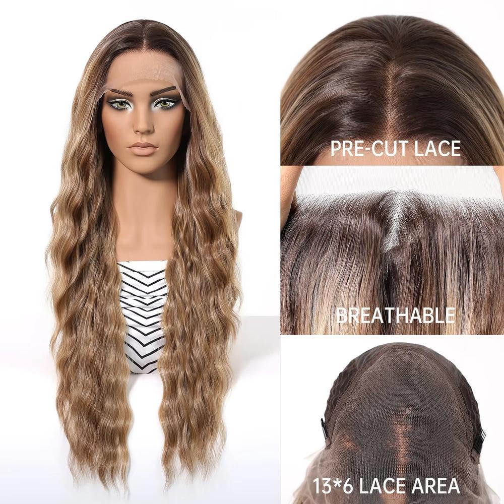 Haarpflege 13x6 HD Lace Front Perücke 76,2 Cm Lang Gewellt Ombre Blond Perücken Ohne Kleber Vorgezupft Hitzebeständig(Warm Brown Balayage)