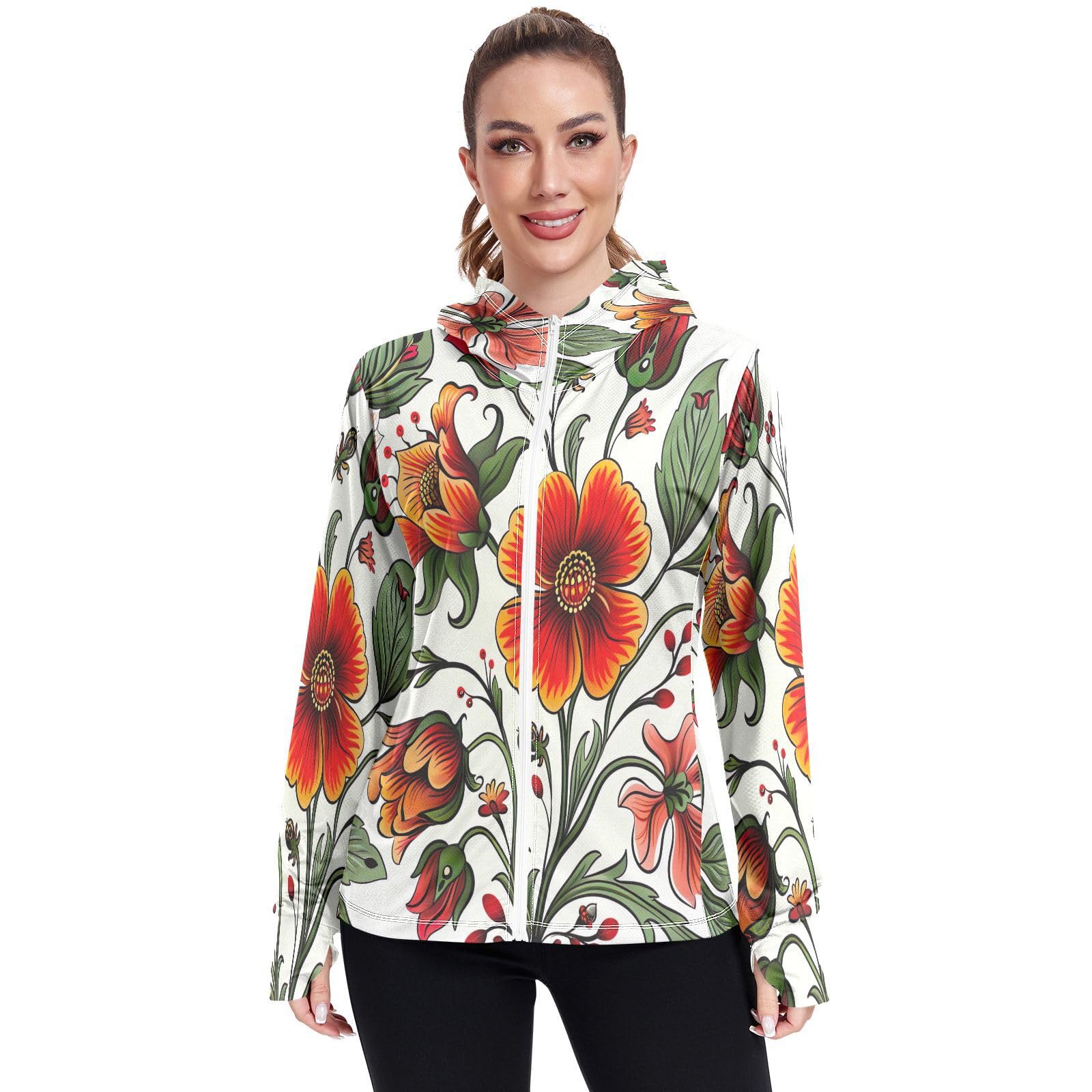 Kigai Flower Women's UPF 50+ Sun Protection Hoodie Jacket with Pocket Zip Long Sleeve Sun Shirt for Gardening Hiking Outdoor