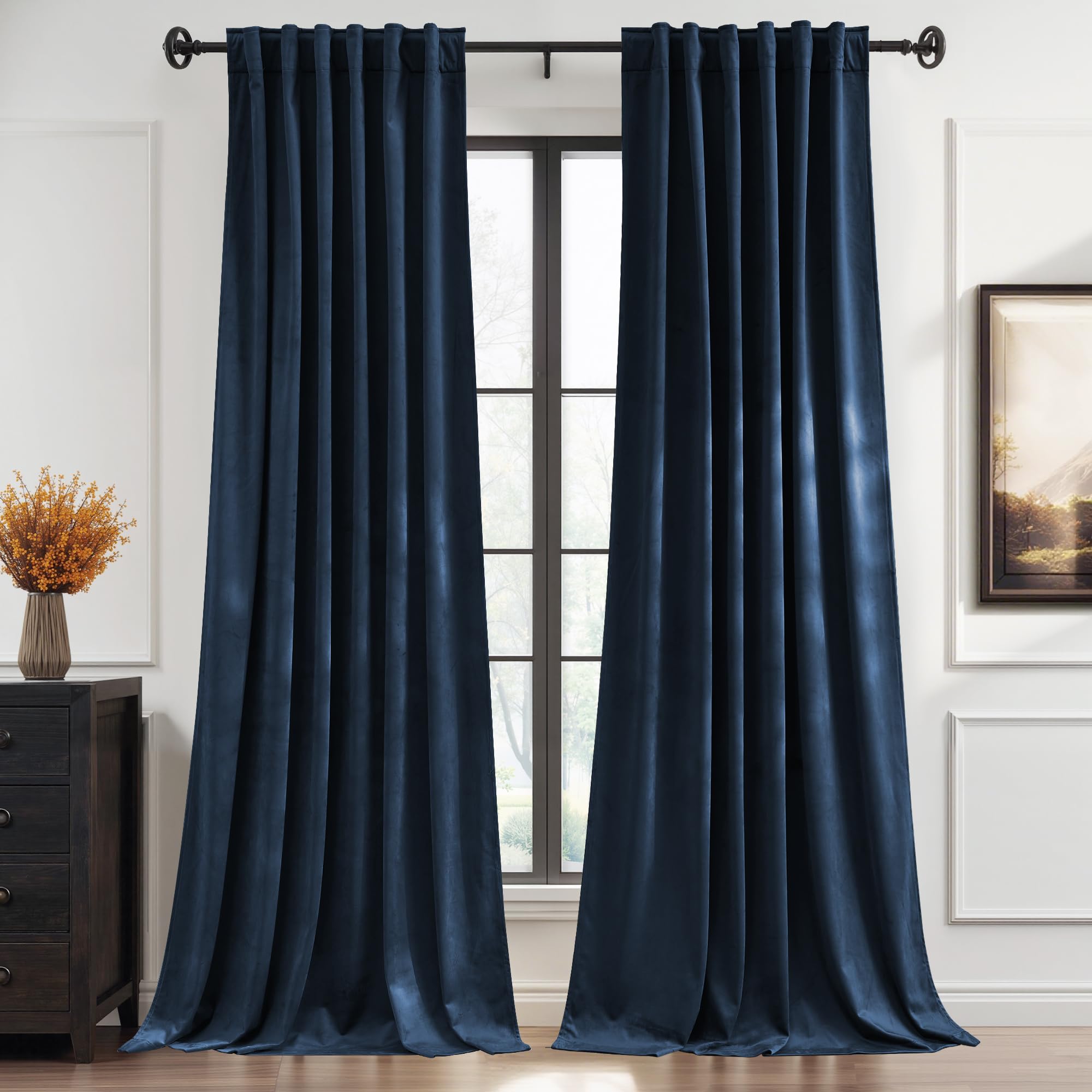 StangH Navy Blue Velvet Curtains 96 Inch Length, Luxury Royal Blue Drapes for High Ceiling Living Room, Heavyweight Thermal Insulated Window Coverings