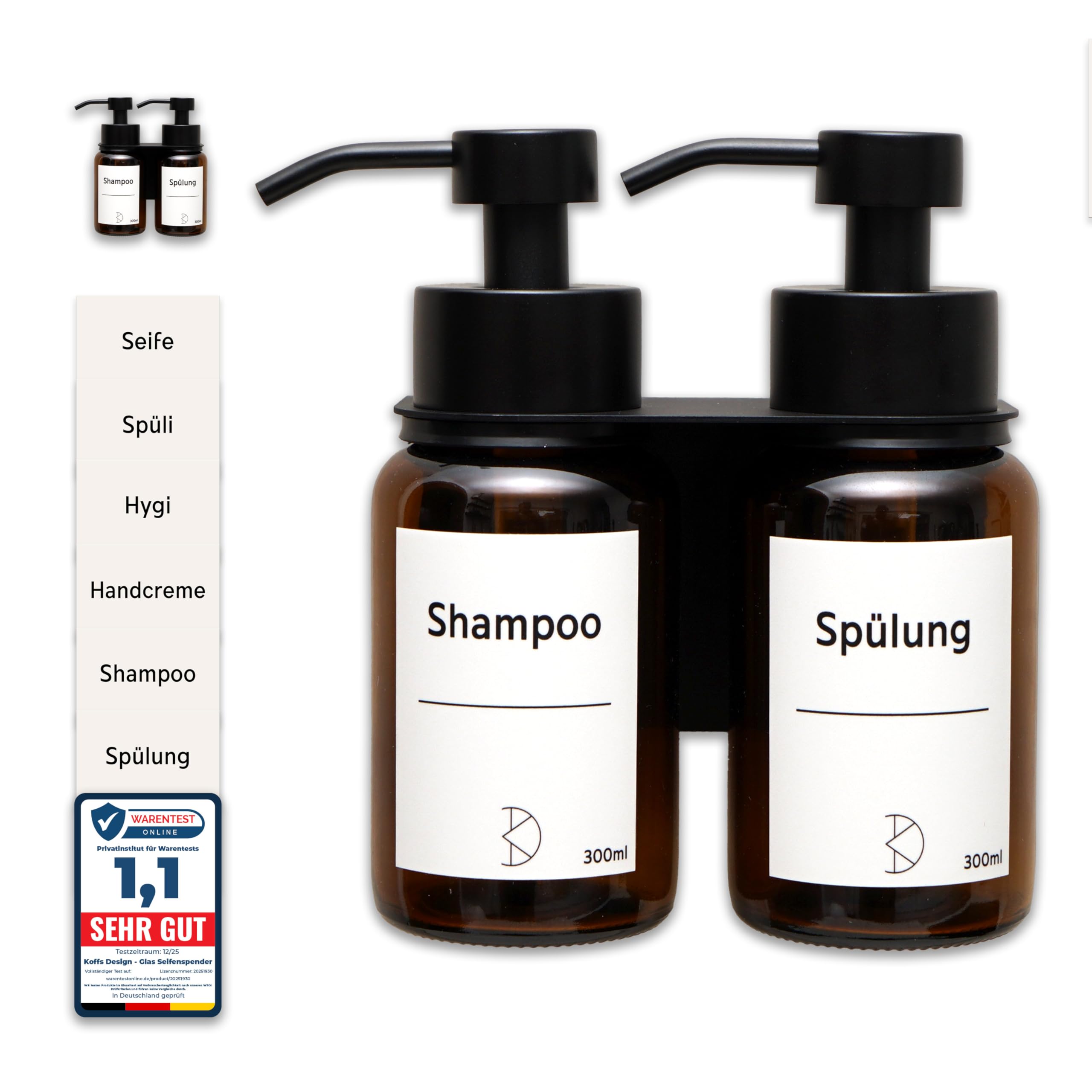 Glas Seifenspender mit Wandbefestigung - 300ml Braunglas Spülmittelspender mit Edelstahl Pumpkopf - Wandmontage ohne Bohren mit 3M Montageband, Set 2-Fach Halter
