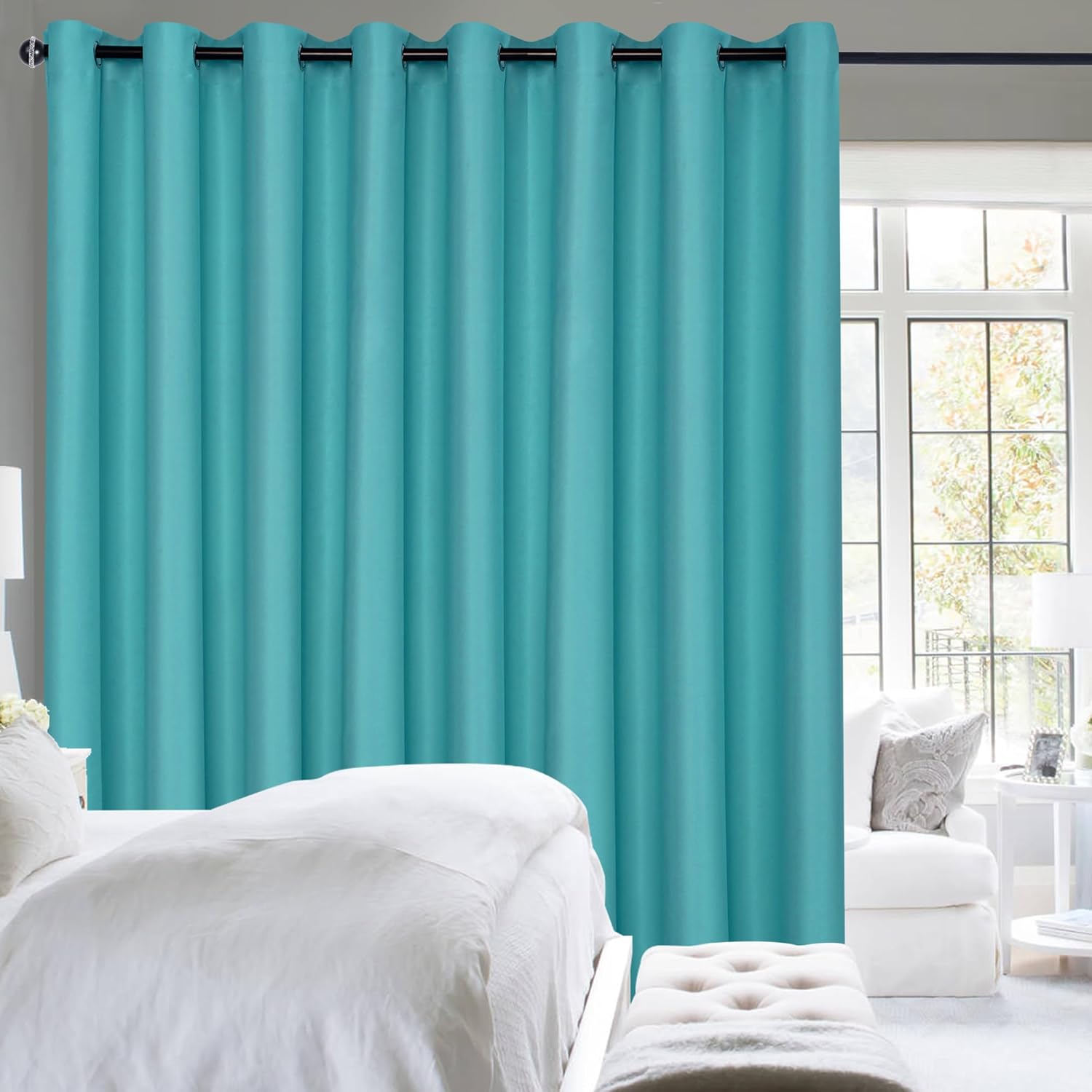 Hiasan Room Divider Blackout Curtains,Extra Wide 100 x 84 Inches Energy Smart&Noise Reducing Grommet Thermal Insulated Curtain for Patio Door,Any Room Partition,1 Panel Sewn with Tiebacks,Turquoise