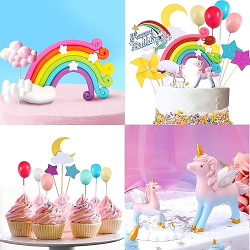 Miniatura 3 de Kit de decoración de pastel de unicornio con 2 esculturas, bolas de arco iris para suministros de fiesta de cumpleaños