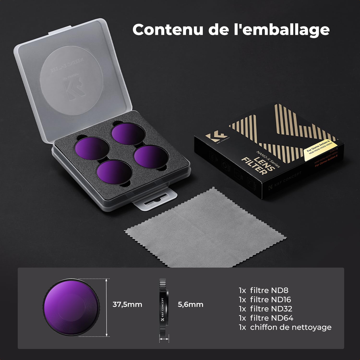 K&F CONCEPT Ensemble de Filtres ND Compatible avec DJI Osmo Action 6, Filtres de Densité Neutre ND8 ND16 ND32 ND64 Pack de 4 pour Contrôle de l'Exposition en Verre Optique à Revêtement Multicouche