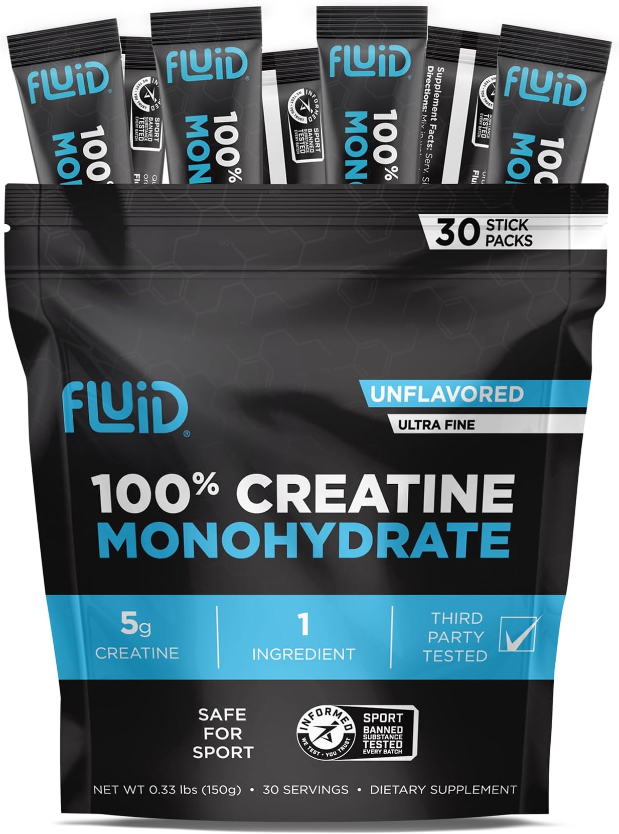 Fluid Creatine - Informed Sport Certified | Ultra-Fine Micronized 100% Creatine Monohydrate Powder | Unflavored | 5g Travel Stick Packs | 30 Servings