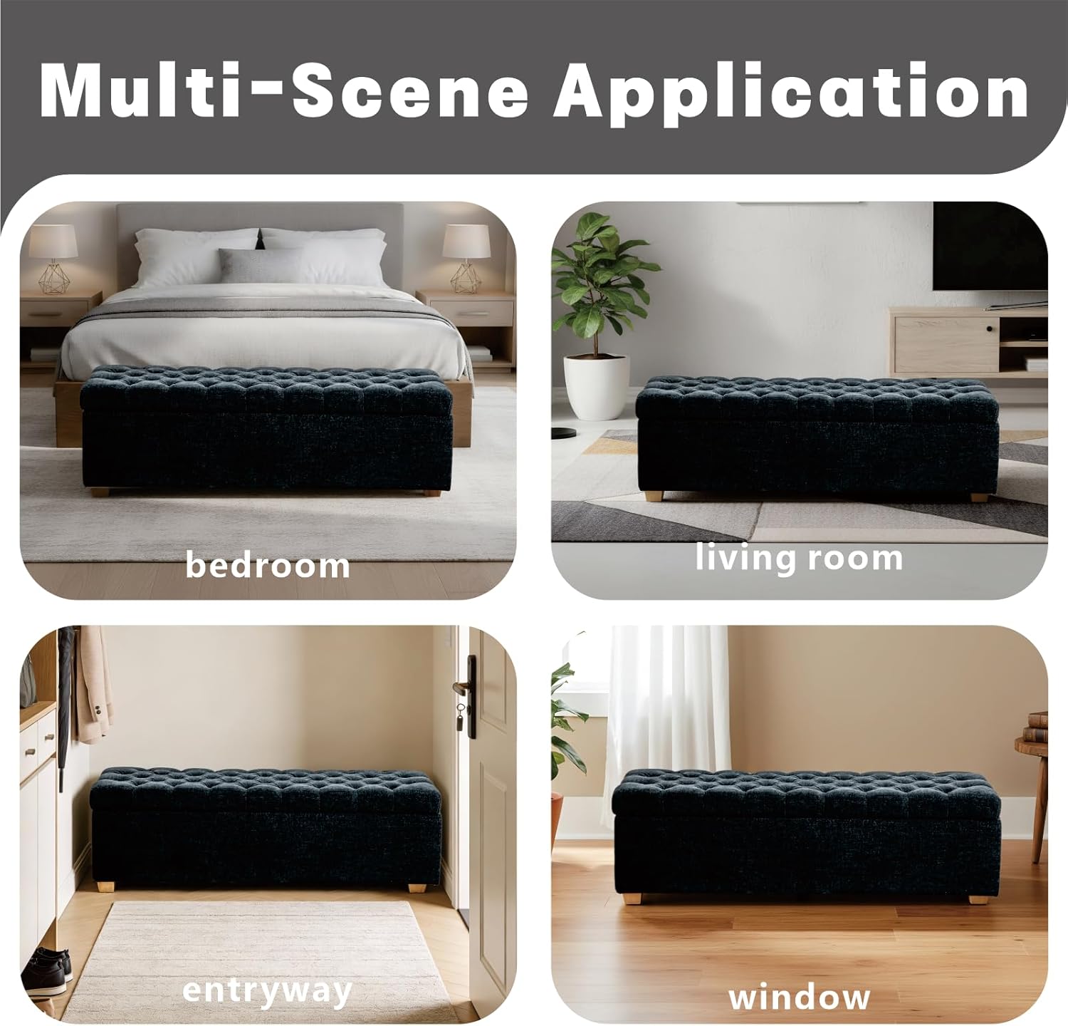 Chifee & Vingol 60" Ottoman with Storage Oversized End of Bed Storage Bench Upholstered Benches for Entryway, Living Room, Bedroom-Black