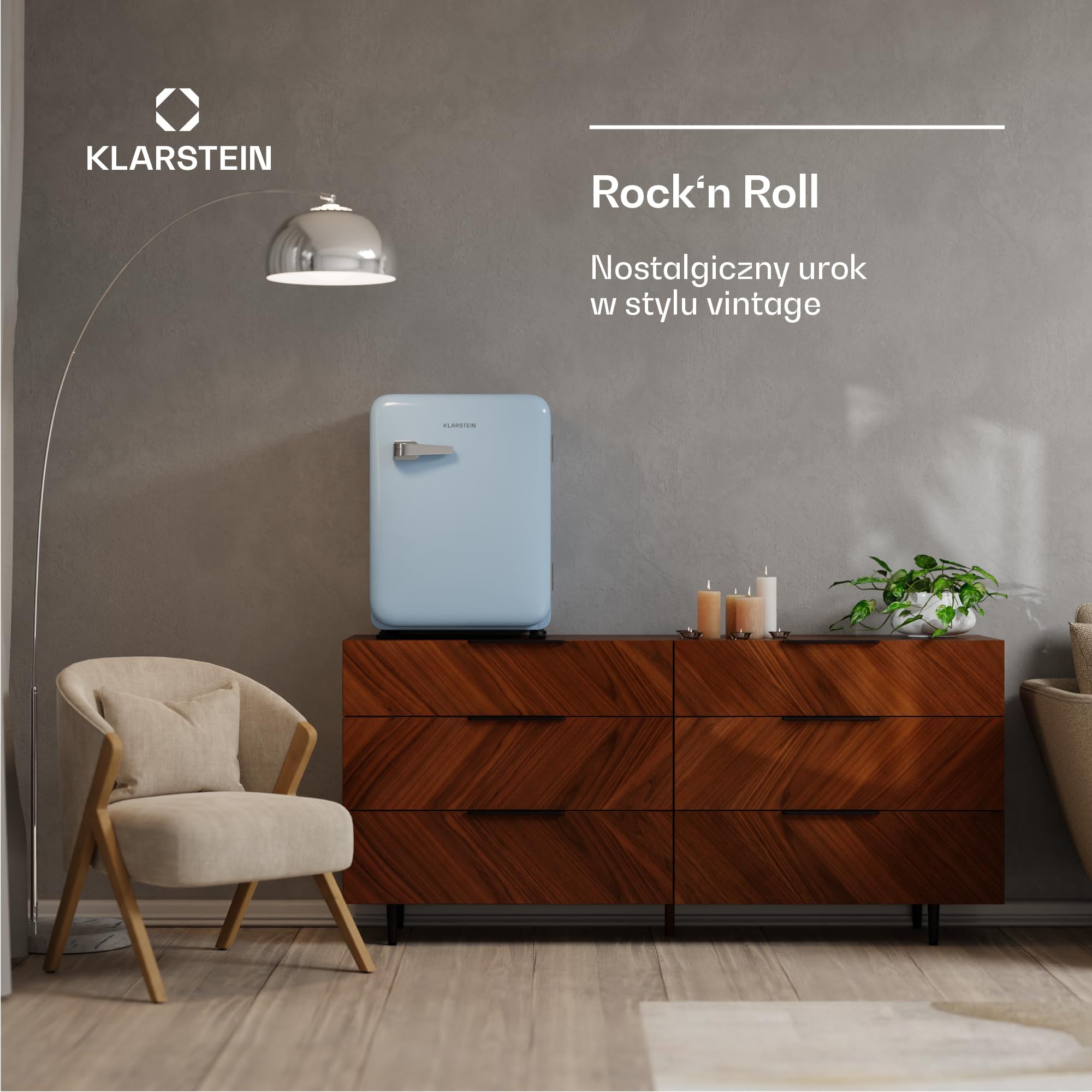 Klarstein Audrey Evo 68L Retro mini lodówka - Cicha 40 dB, Kompaktowa mała lodówka z regulowanymi nóżkami, Drzwi dwustronne, Termostat mechaniczny, Niebieska, Idealna do sypialni i biur