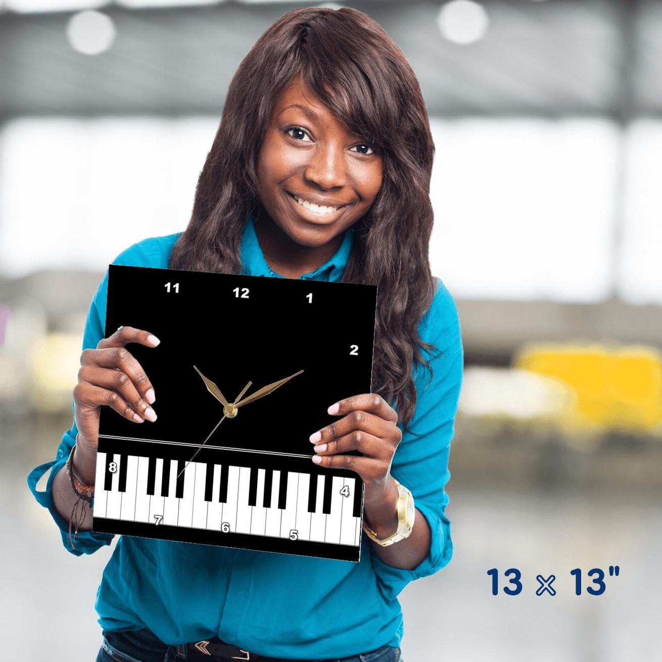 3dRose Negro diseño de Edge – Baby Grand Teclado música de Piano para Pianista Reproductor Musical y músico Regalos – Reloj de Pared, 13 por 13 Pulgadas (DPP 112947 2)
