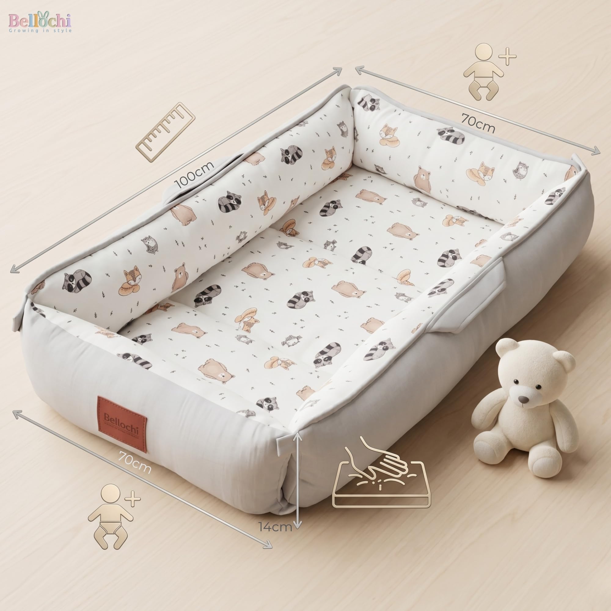 Bellochi Hush Baby Nest Cocoon - Tumbona para recién nacido con cierres magnéticos silenciosos para un descanso tranquilo, algodón hipoalergénico de alta calidad, tapete multifuncional para el tiempo